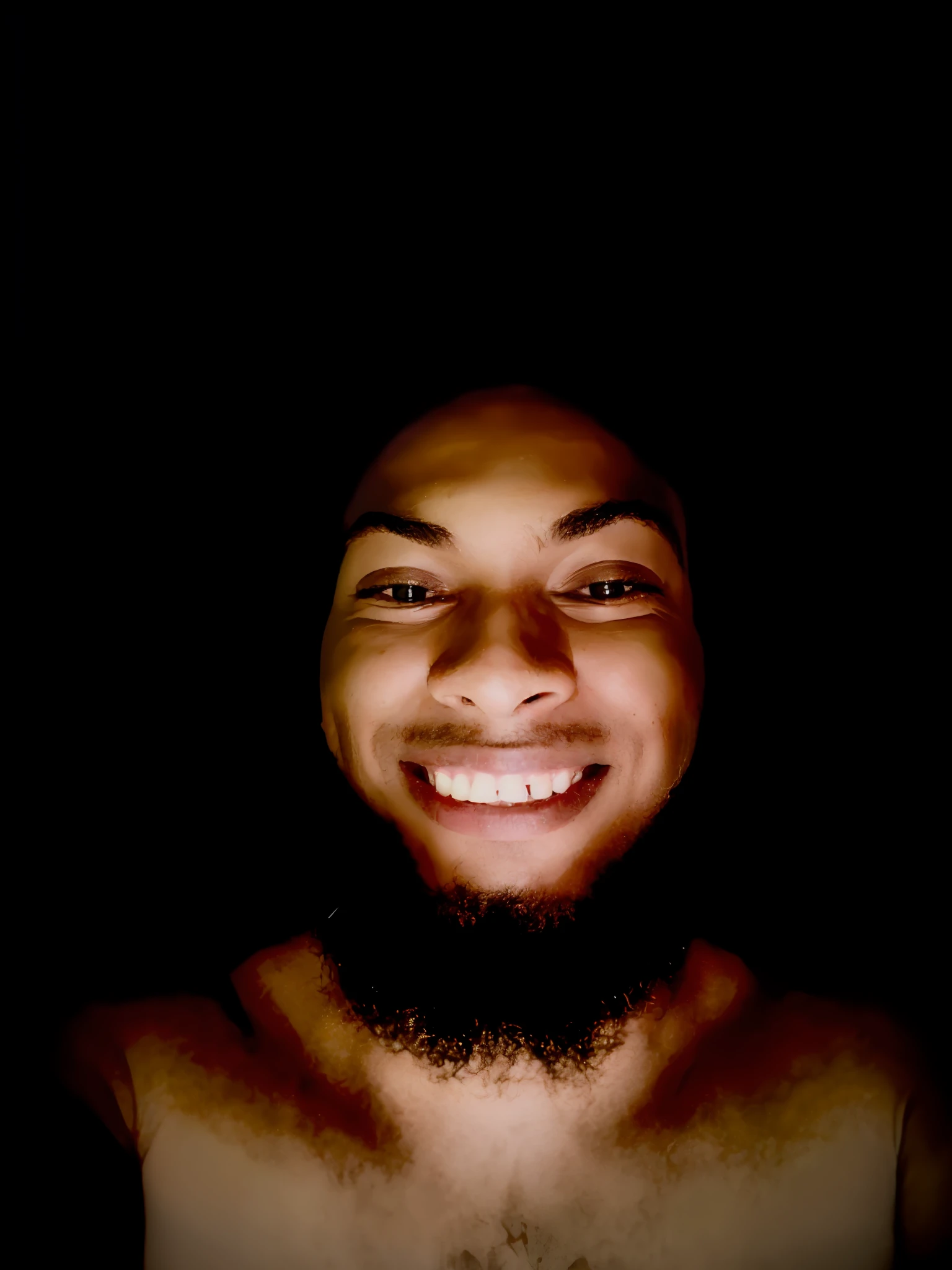 arafed man with a beard and a smile on his face, in front of a black background, brown skin man with a giant grin, perfectly lit face, with a black background, face is brightly lit, happily smiling at the camera, smiling into the camera, portrait of a smiling, headshot profile picture, on a black background, wideangle portrait naruto character style