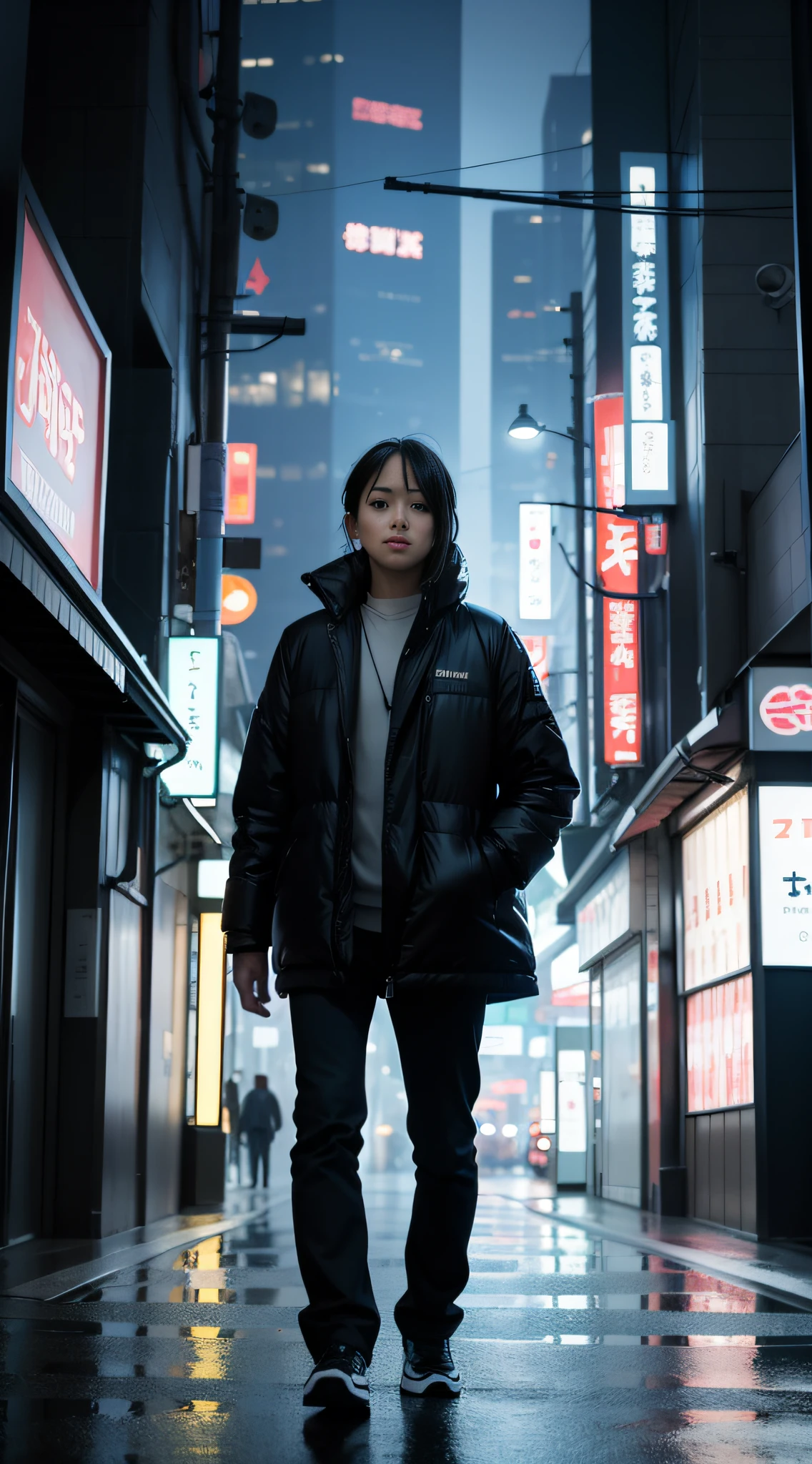 amazing girl look for the camera, worm view, night, misty, rain, there is a person walking up a set of wide avenue in a city, streets of Tokyo, street of Tokyo, in Tokyo, city like Tokyo, walking over a tiny city, cyberpunk, artwork of a Tokyo street, man walking through city, inspired by Carl Spitzweg, by John La Gatta, style by 
AnthonyPresley, Deviantart