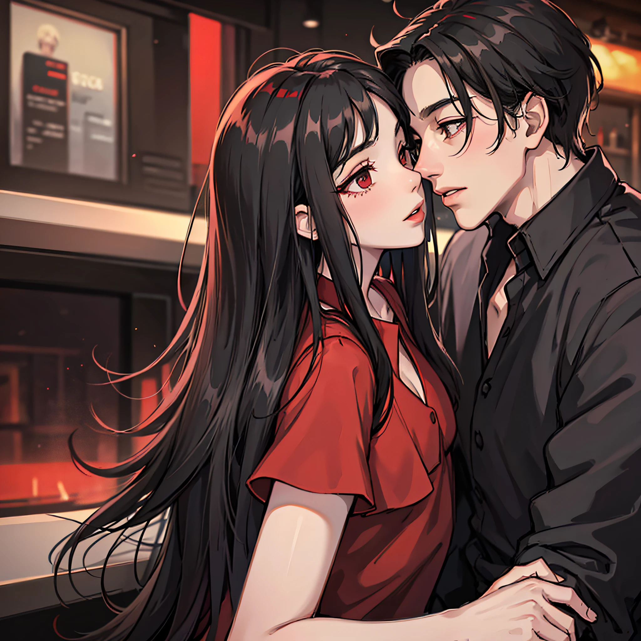 A woman in a red dress (long black hair, pretty,) at a bar, kissing a man in short black sleeves (short hairstyle on the side, high cold).
