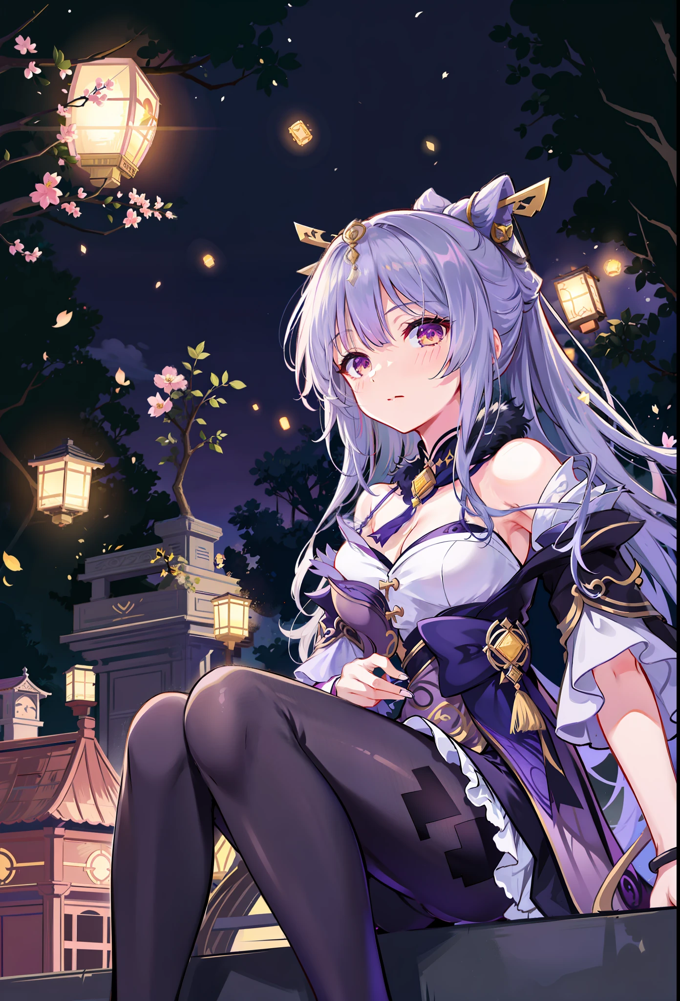 anime girl with long purple hair sitting on a ledge in front of lanterns, ayaka genshin impact, keqing from genshin impact, very beautiful anime cat girl, beautiful anime catgirl, ayaka game genshin impact, anime visual of a cute cat, anime visual of a cute girl, cute anime catgirl, zhongli from genshin impact