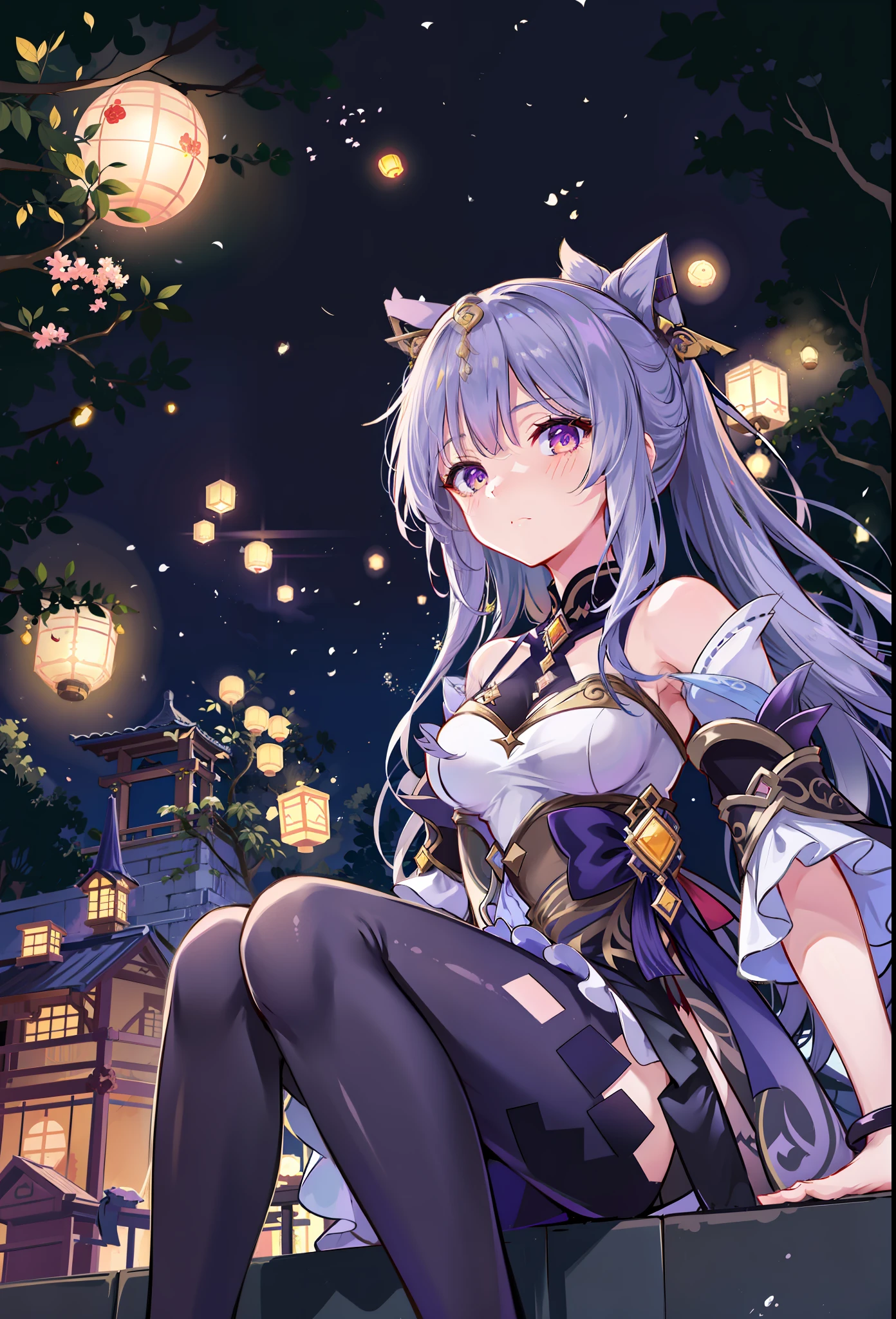 anime girl with long purple hair sitting on a ledge in front of lanterns, ayaka genshin impact, keqing from genshin impact, very beautiful anime cat girl, beautiful anime catgirl, ayaka game genshin impact, anime visual of a cute cat, anime visual of a cute girl, cute anime catgirl, zhongli from genshin impact