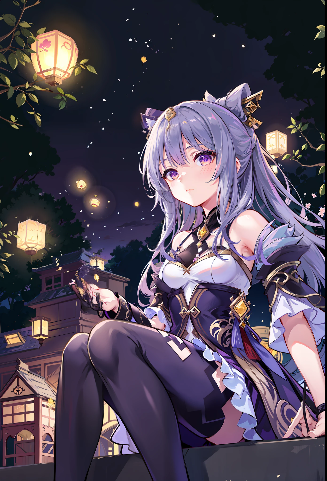 anime girl with long purple hair sitting on a ledge in front of lanterns, ayaka genshin impact, keqing from genshin impact, very beautiful anime cat girl, beautiful anime catgirl, ayaka game genshin impact, anime visual of a cute cat, anime visual of a cute girl, cute anime catgirl, zhongli from genshin impact