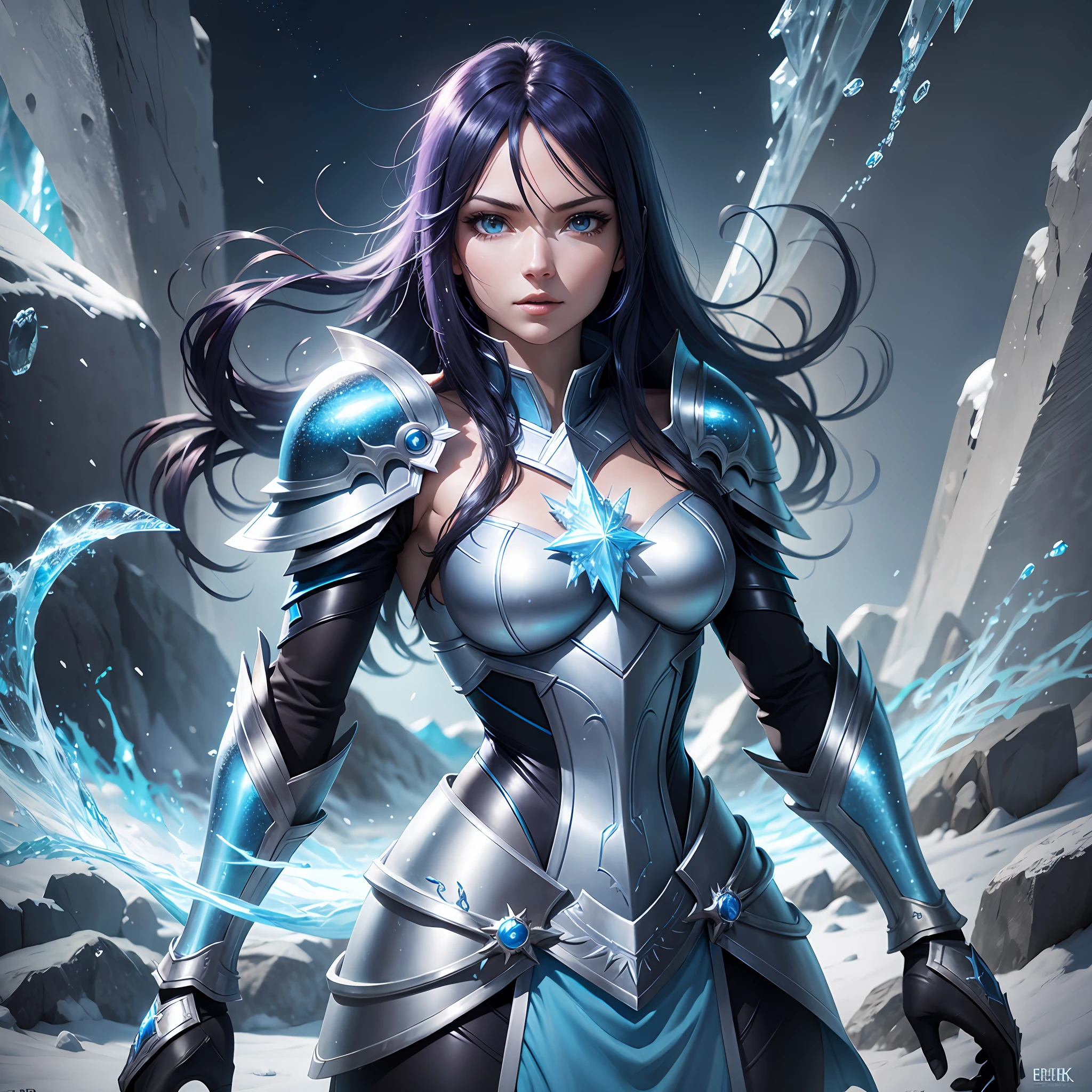 Erza Frozen with Bright Blue Sparkle Armor Reflecting Light, Ice and Wind Effects Sparkle HD HQ 8K 4K Best Quality --auto --s2