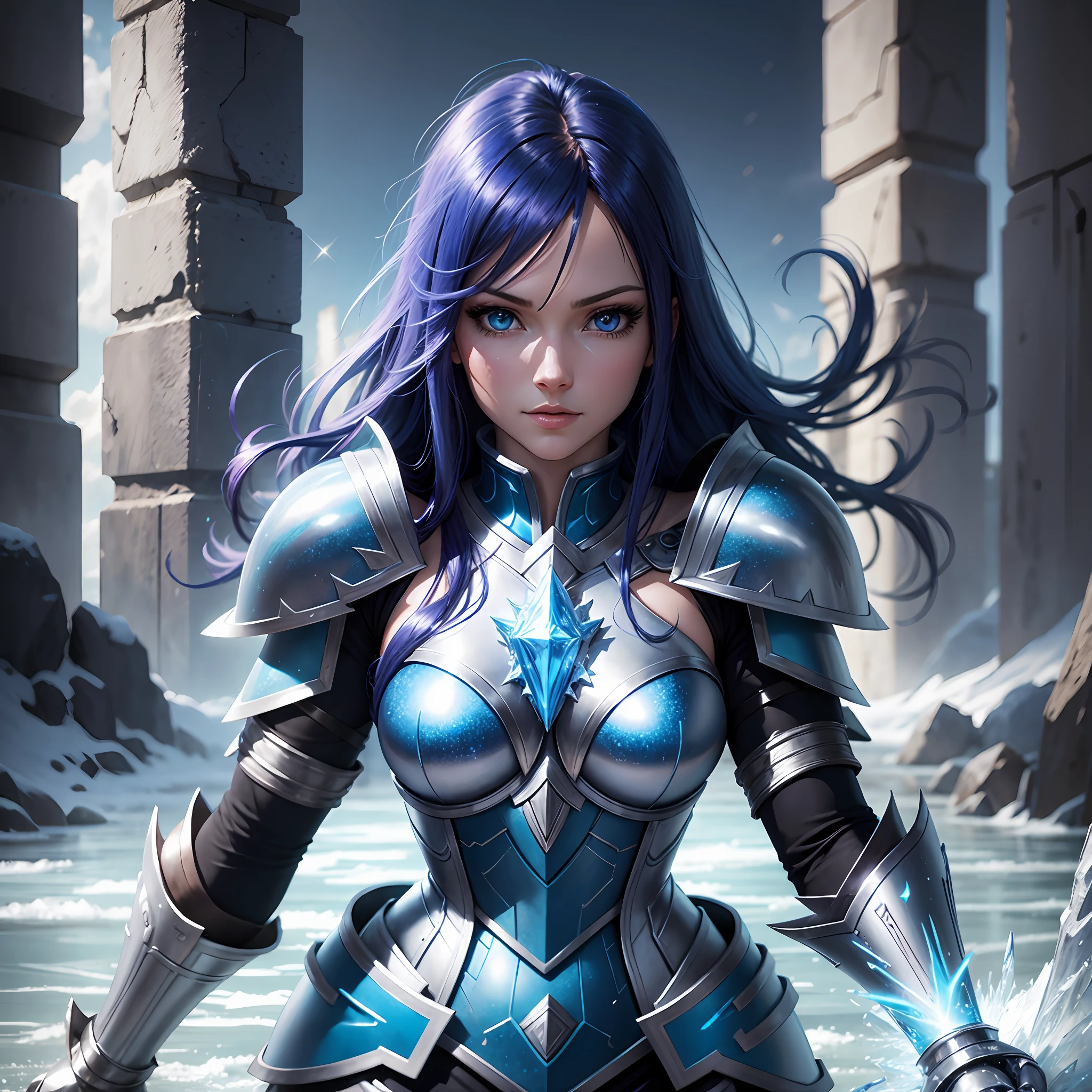Erza Frozen with Bright Blue Sparkle Armor Reflecting Light, Ice and Wind Effects Sparkle HD HQ 8K 4K Best Quality --auto --s2