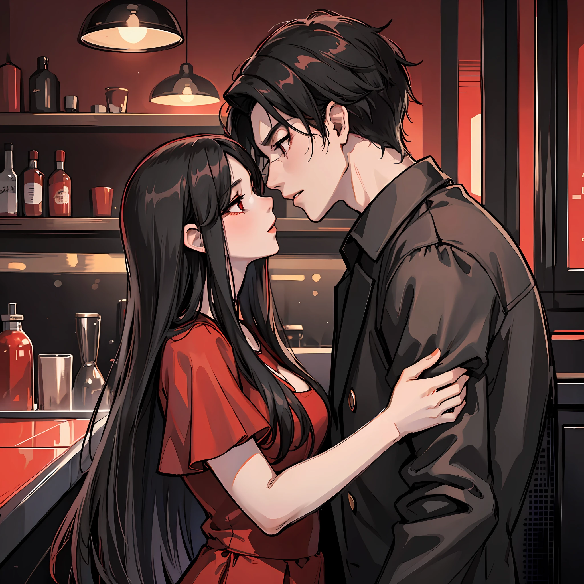A woman in a red dress (long black hair, pretty,) at a bar, kissing a man in short black sleeves (short hairstyle on the side, high cold).