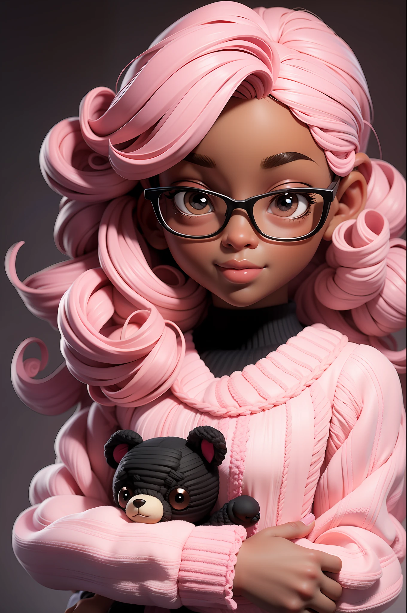 masterpiece, best quality, 3d rending work, 3DMM style, close-up, portrait, 3d, 1girl, solo, looking forward, wearing prescription glasses, sweet expression, happy, holding an amigurumi teddy bear, black skin, medium size type 3C hair, pink pastel colors, realistic, upper body, simple background, looking away, separated lips, curly hair