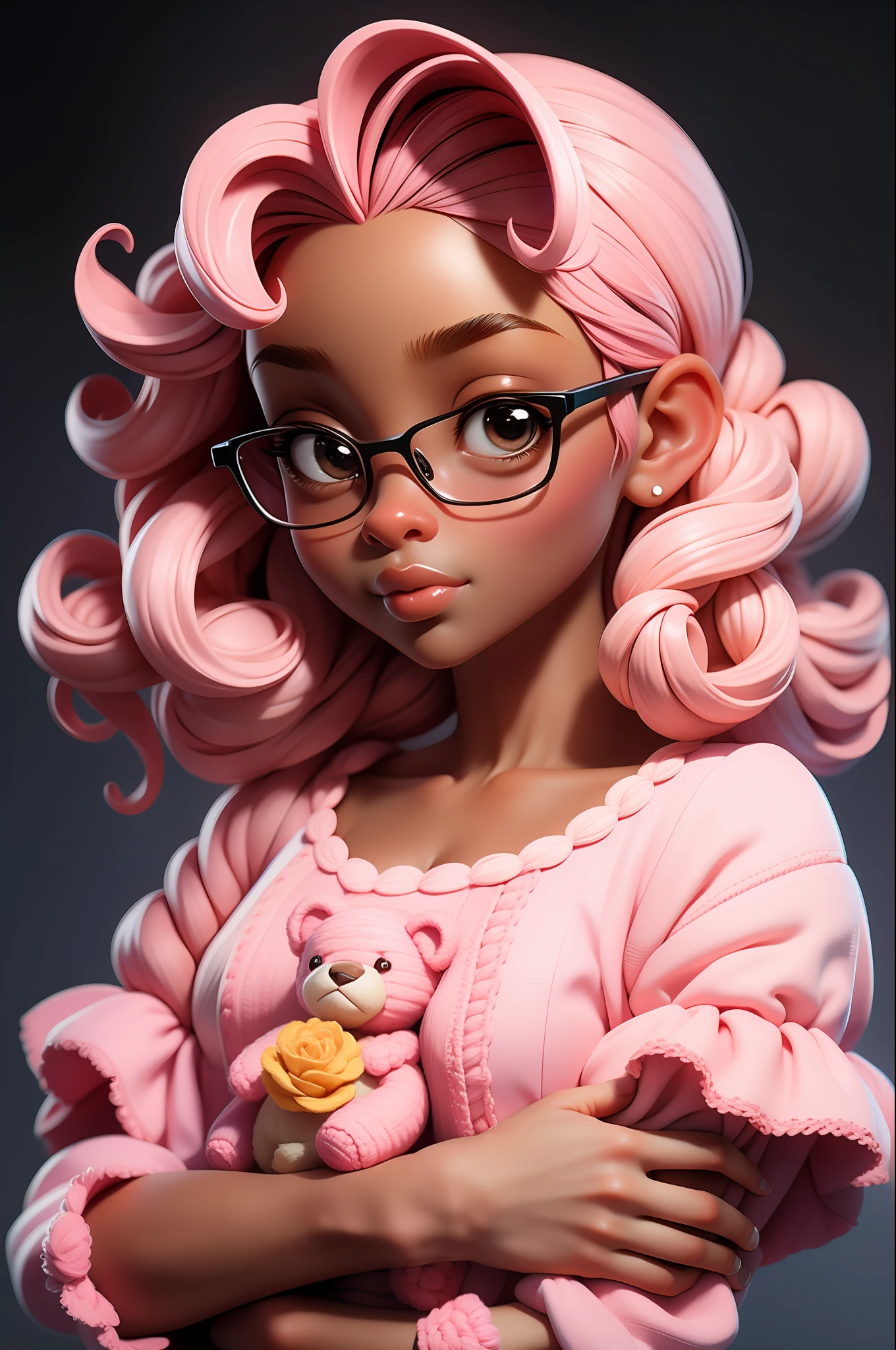 masterpiece, best quality, 3d rending work, 3DMM style, close-up, portrait, 3d, 1girl, solo, looking forward, wearing prescription glasses, sweet expression, happy, holding an amigurumi teddy bear, black skin, medium size type 3C hair, pink pastel colors, realistic, upper body, simple background, looking away, separated lips, curly hair