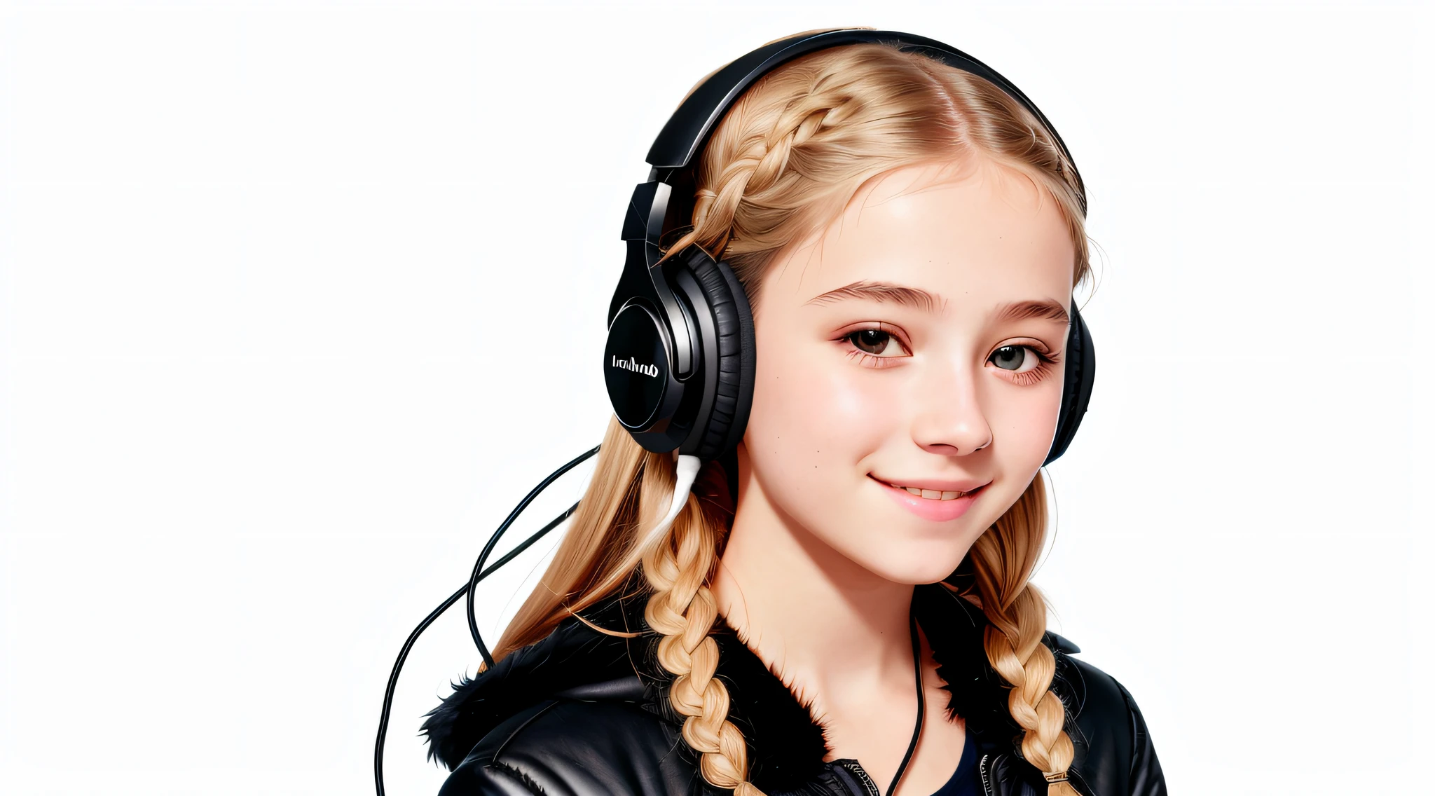 girl 12 years, blonde long hair of braids,portrait, with headphones and sunglasses, smiling and holding hands up, ,black fur coat, girl wearing headphones, listening to music, wearing headphones, with headphones, with headphones, wearing a headset, vibrating with music, listening to pious music, Using headphone jack, using headset for gaming, tinnitus, high quality portrait, headphones on, , digital art H 9 6 0, (white background: 1.3).