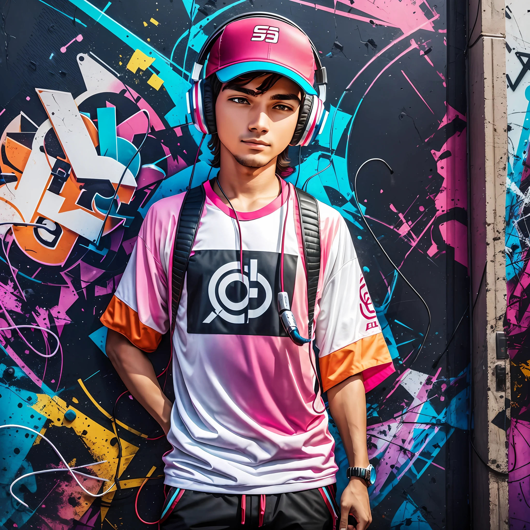 man standing in front of a DJ rig in front of a graffiti wall, DRESSED IN FLAMENGO SHIRT AND HEADPHONE --auto --s2