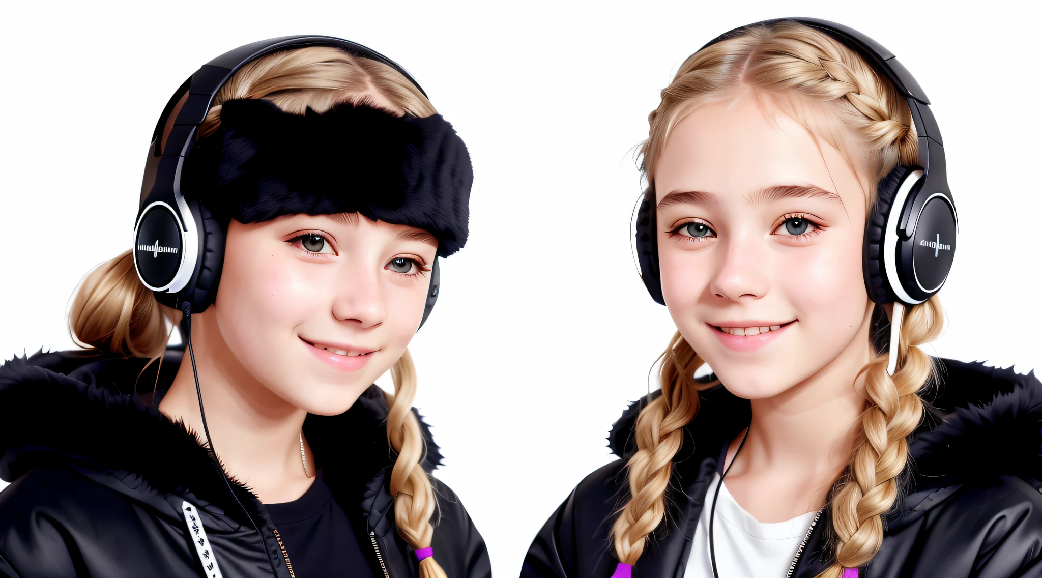 girl 12 years, blonde long hair of braids,portrait, with headphones and sunglasses, smiling and holding hands up, ,black fur coat, girl wearing headphones, listening to music, wearing headphones, with headphones, with headphones, wearing a headset, vibrating with music, listening to pious music, Using headphone jack, using headset for gaming, tinnitus, high quality portrait, headphones on, , digital art H 9 6 0, (white background: 1.3).