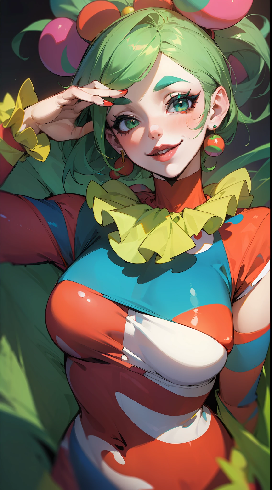 (masterpiece, best quality, ultra-detailed, 8K CG image, clown style),(sexy, floating),(1 girl),green hair, circus costume, clown makeup painted on her face.