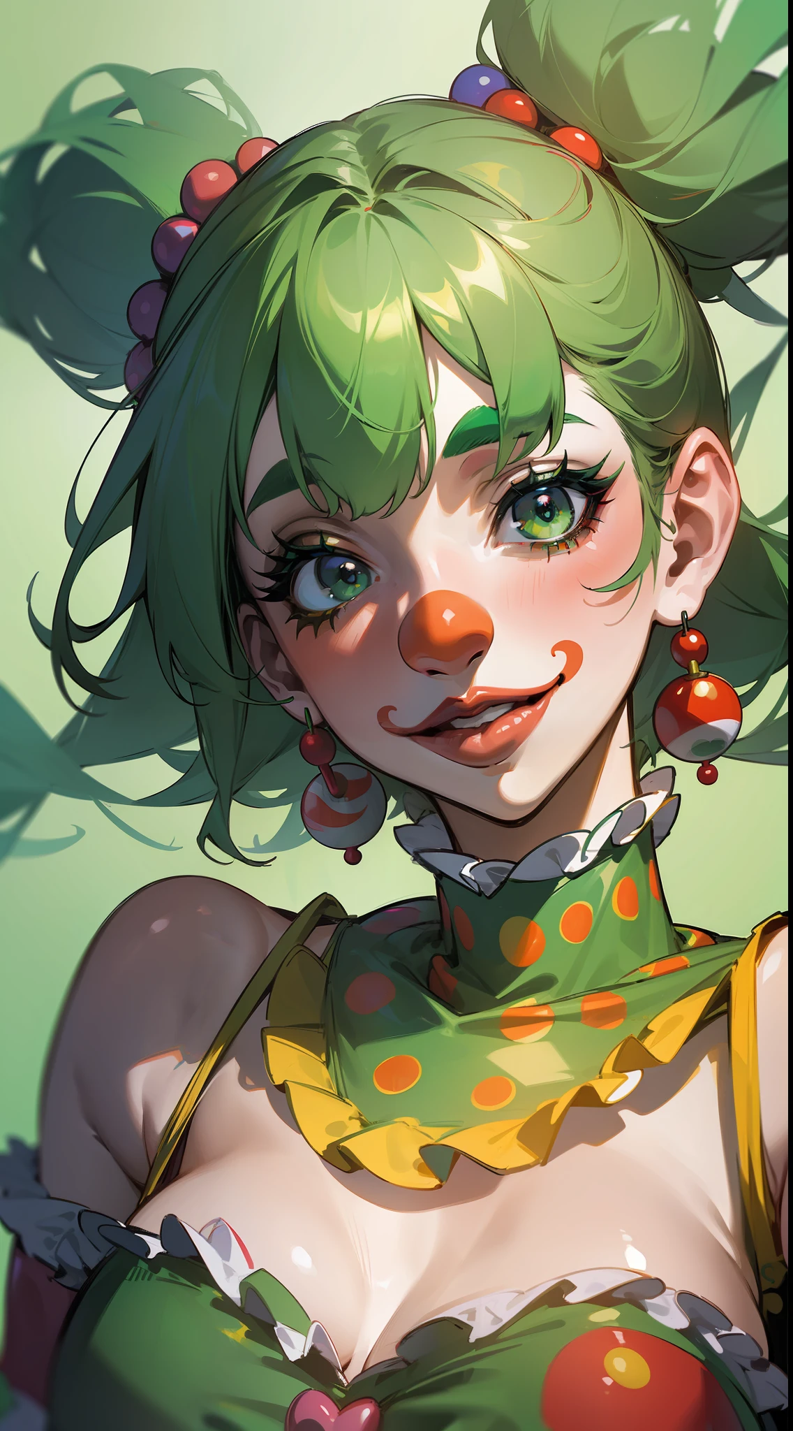(masterpiece, best quality, ultra-detailed, 8K CG image, clown style),(sexy, floating),(1 girl),green hair, circus costume, clown makeup painted on her face.