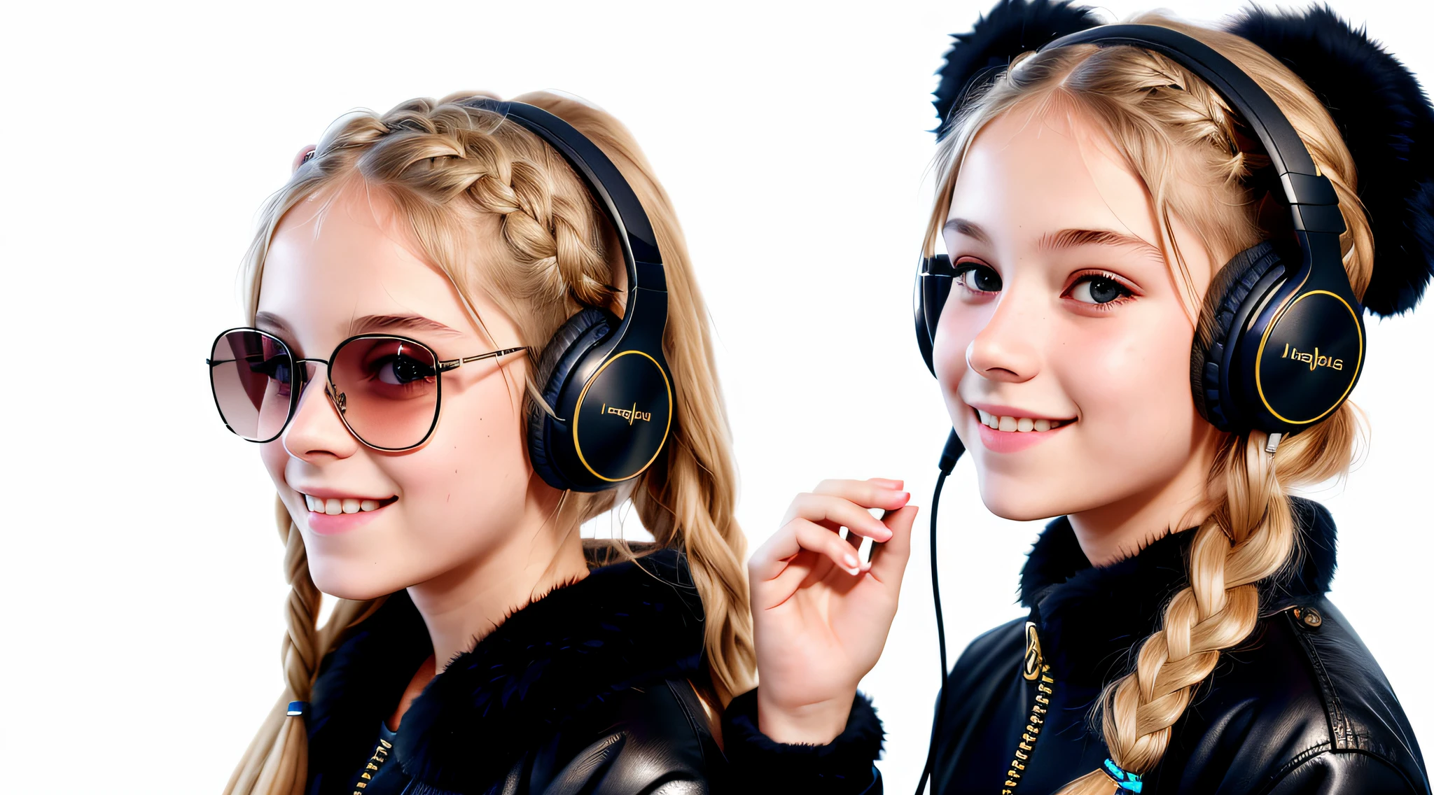girl 12 years, blonde long hair of braids,portrait, with headphones and sunglasses, smiling and holding hands up, ,black fur coat, girl wearing headphones, listening to music, wearing headphones, with headphones, with headphones, wearing a headset, vibrating with music, listening to pious music, Using headphone jack, using headset for gaming, tinnitus, high quality portrait, headphones on, , digital art H 9 6 0, (white background: 1.3).