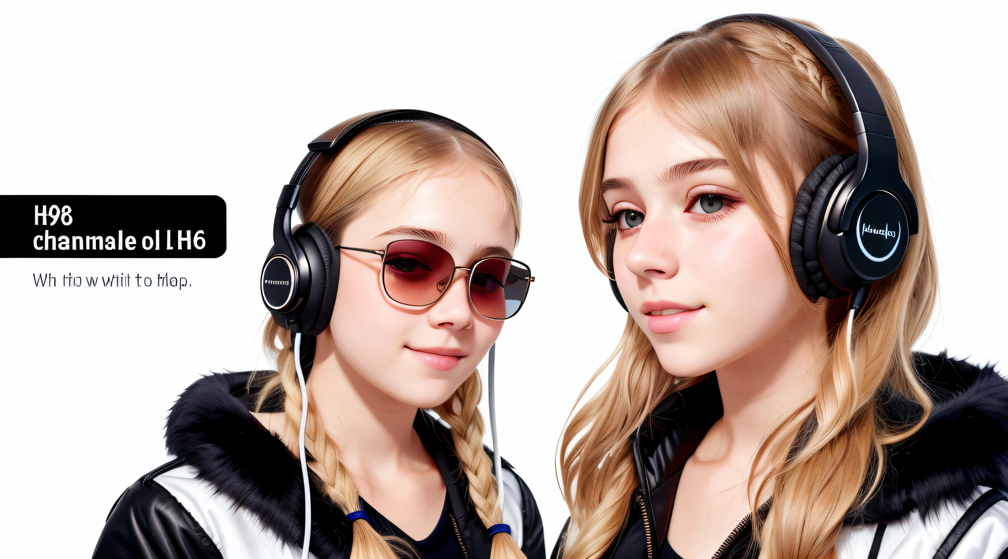 girl , blonde long hair with uchankas ,portrait, with headphones and sunglasses, in smiling and holding hands up, ,black fur coat, girl wearing headphones, listening to music, wearing headphones, with headphones, with headphones, using a headset, vibrating with music, listening to pious music, Using headphone jack, using headset for gaming, tinnitus, high quality portrait, headphones on, , digital art H 9 6 0, (white background: 1.3).