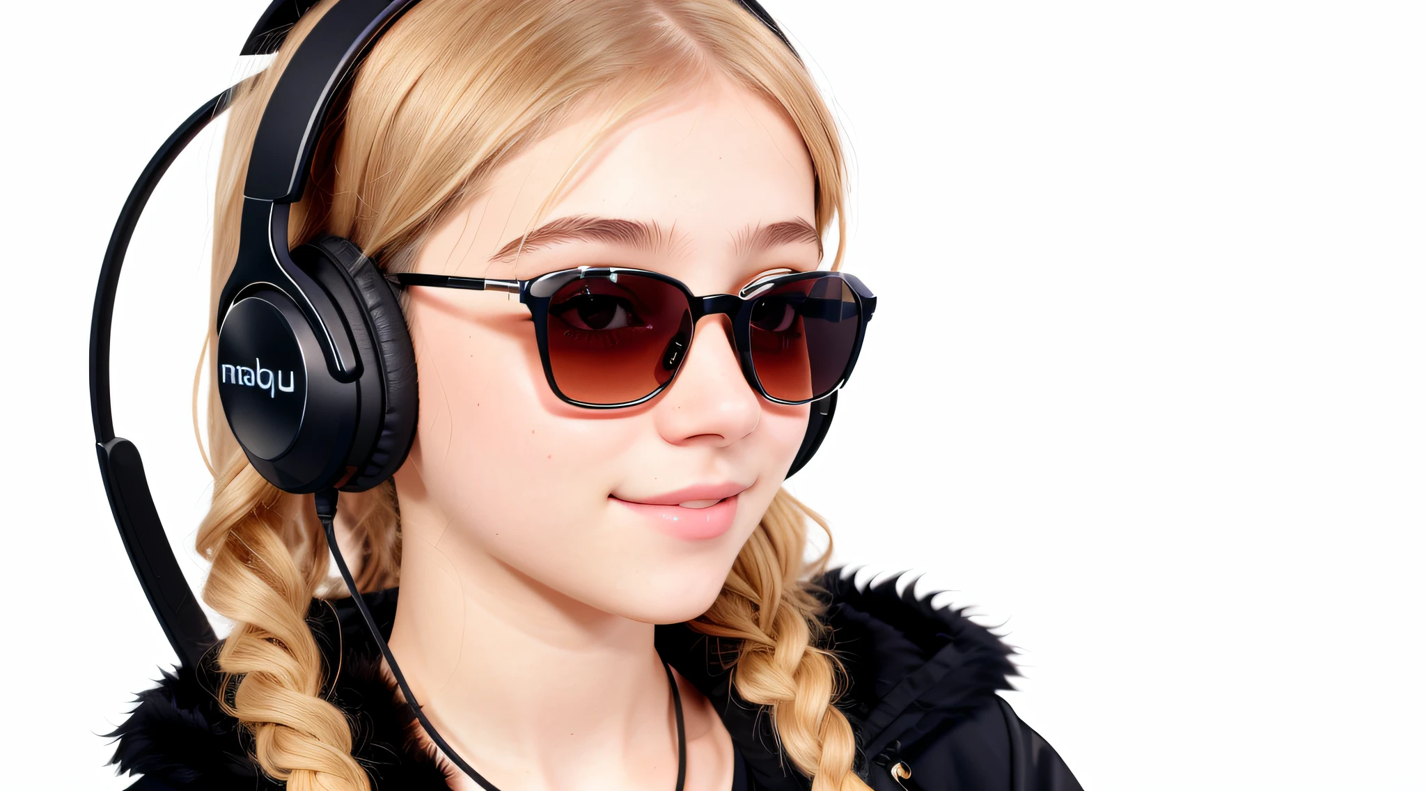 girl 12 years, blonde long hair with uchankas ,portrait, with headphones and sunglasses, in smiling and holding hands up, ,black fur coat, girl wearing headphones, listening to music, wearing headphones, with headphones, with headphones, using a headset, vibrating with music, listening to pious music, Using headphone jack, using headset for gaming, tinnitus, high quality portrait, headphones on, , digital art H 9 6 0, (white background: 1.3).