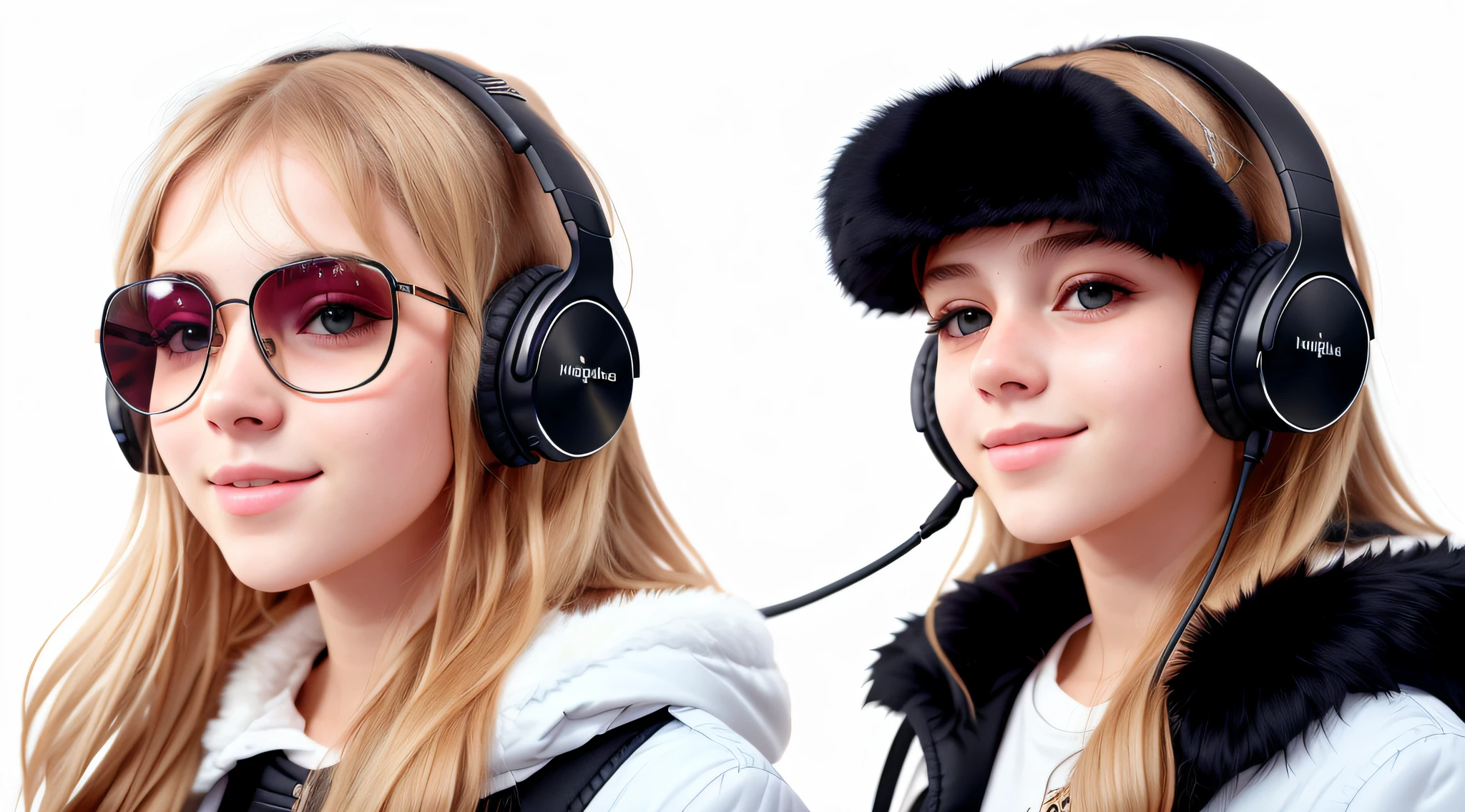 girl , blonde long hair with uchankas ,portrait, with headphones and sunglasses, in smiling and holding hands up, ,black fur coat, girl wearing headphones, listening to music, wearing headphones, with headphones, with headphones, using a headset, vibrating with music, listening to pious music,  Using headphone jack, using headset for gaming, tinnitus, high quality portrait, headphones on, , digital art H 9 6 0, (white background: 1.3).