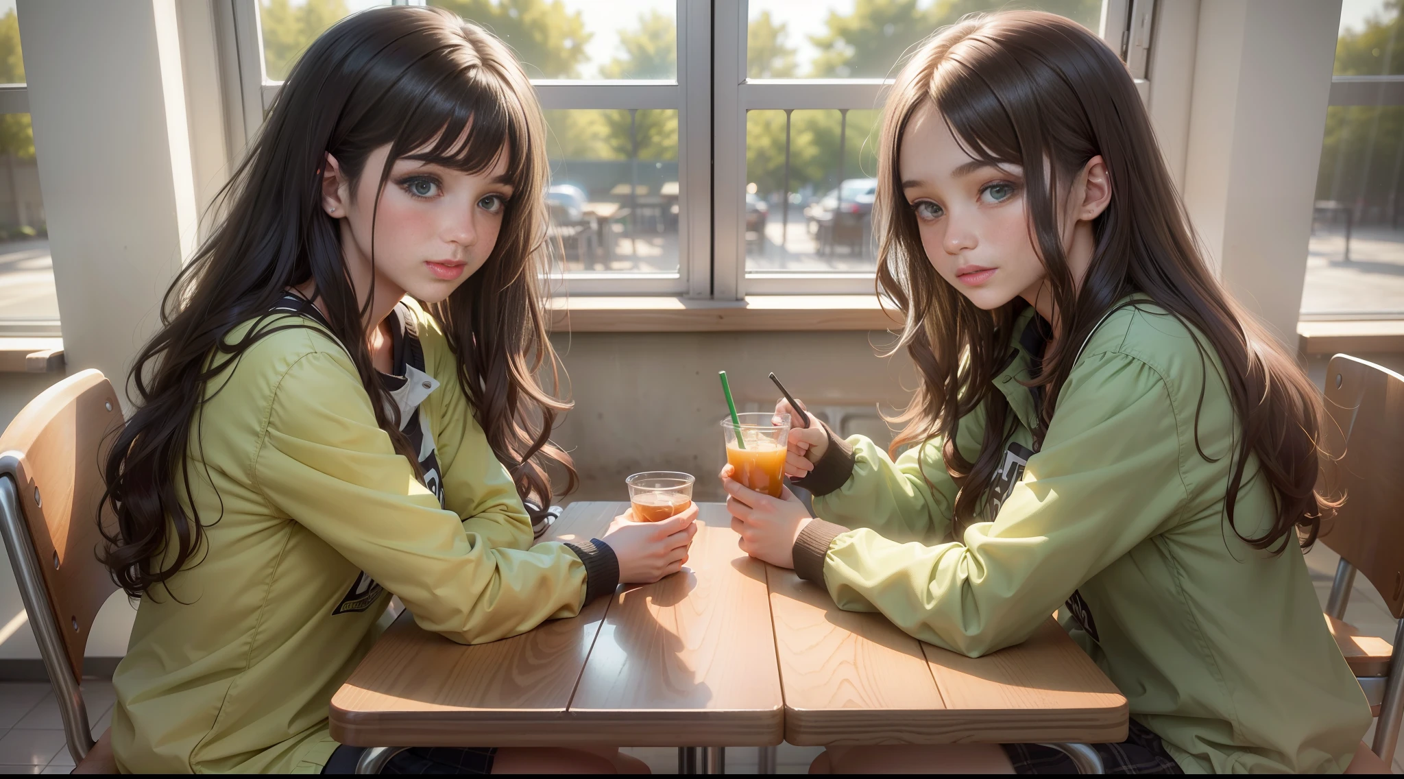 Two girls sitting at a table in a school cafeteria, one with long brown wavy hair and green eyes, the other with short black hair, ((Ultra-HD)), ((16K)), ((sunlight)), variety