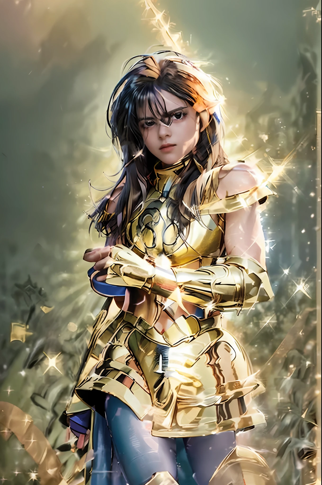 masterpiece, best quality,highly detailed RAW color Photo, sharp focus, 8k high definition, 1girl, long hair, turtle neck, close up photo, female wearing armor, light blue hair, helmet, leg armor, shoulder armor, long hair, yellow armor, reflection on armor, headset, yellow head band, sparking armor, white skin tight transparent vinyl, at night, from lower, AquariusArmor, standing strait, (gold armor:1.2) moonlight reflection, sacredness , landscape, bright (facial freckles:0.1), to8contrast style, posing in a dark studio, (rim lighting,:1.4) two tone lighting, octane, unreal, dimly lit, (low key:1.3),