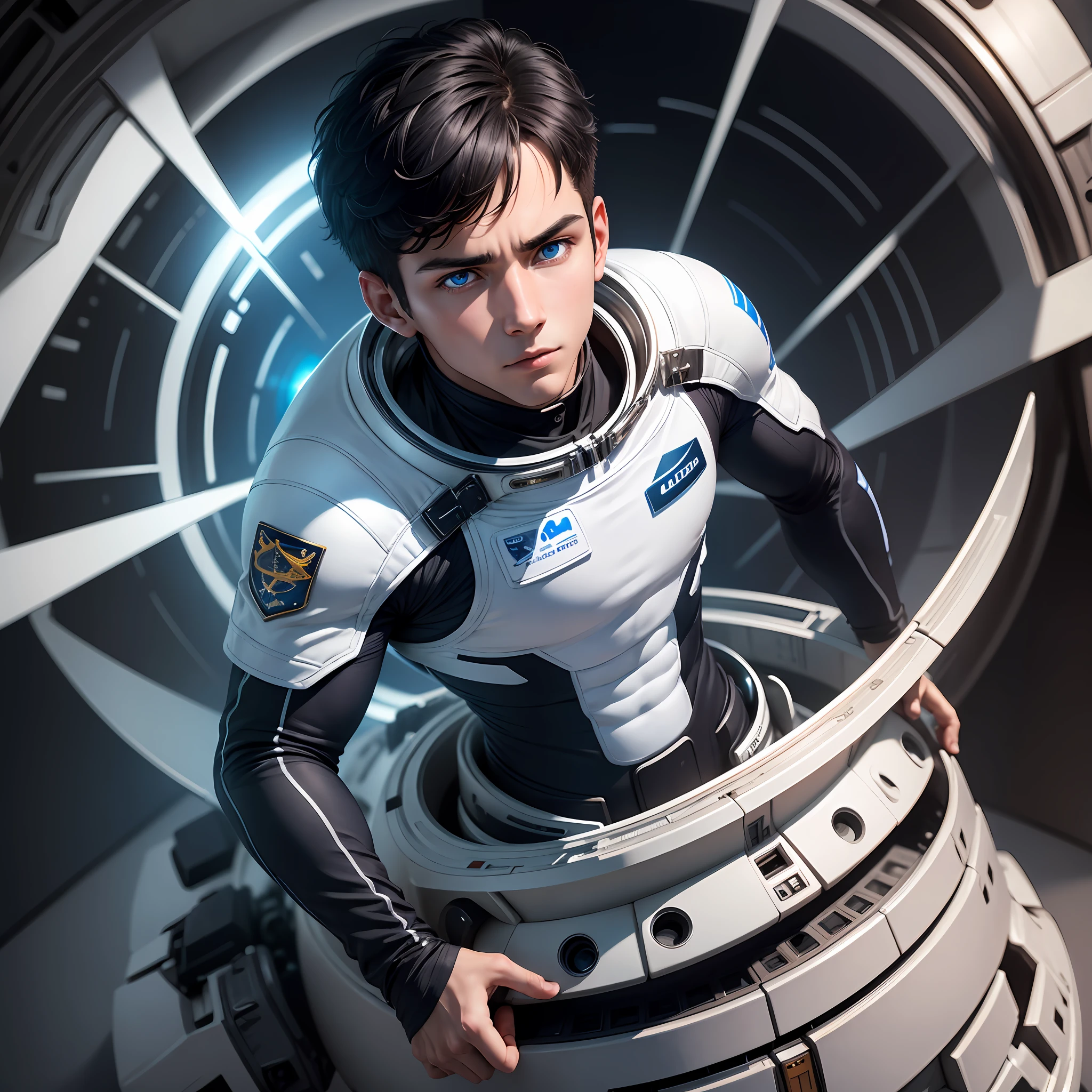 ultra detailed, ultrarealistic, young man wearing astronaut full body suit with no helmet, blue eyes, black short hair, detailed hair, Canon EOS R100, (((questioning expression))), ((waist-up pose)), sfw