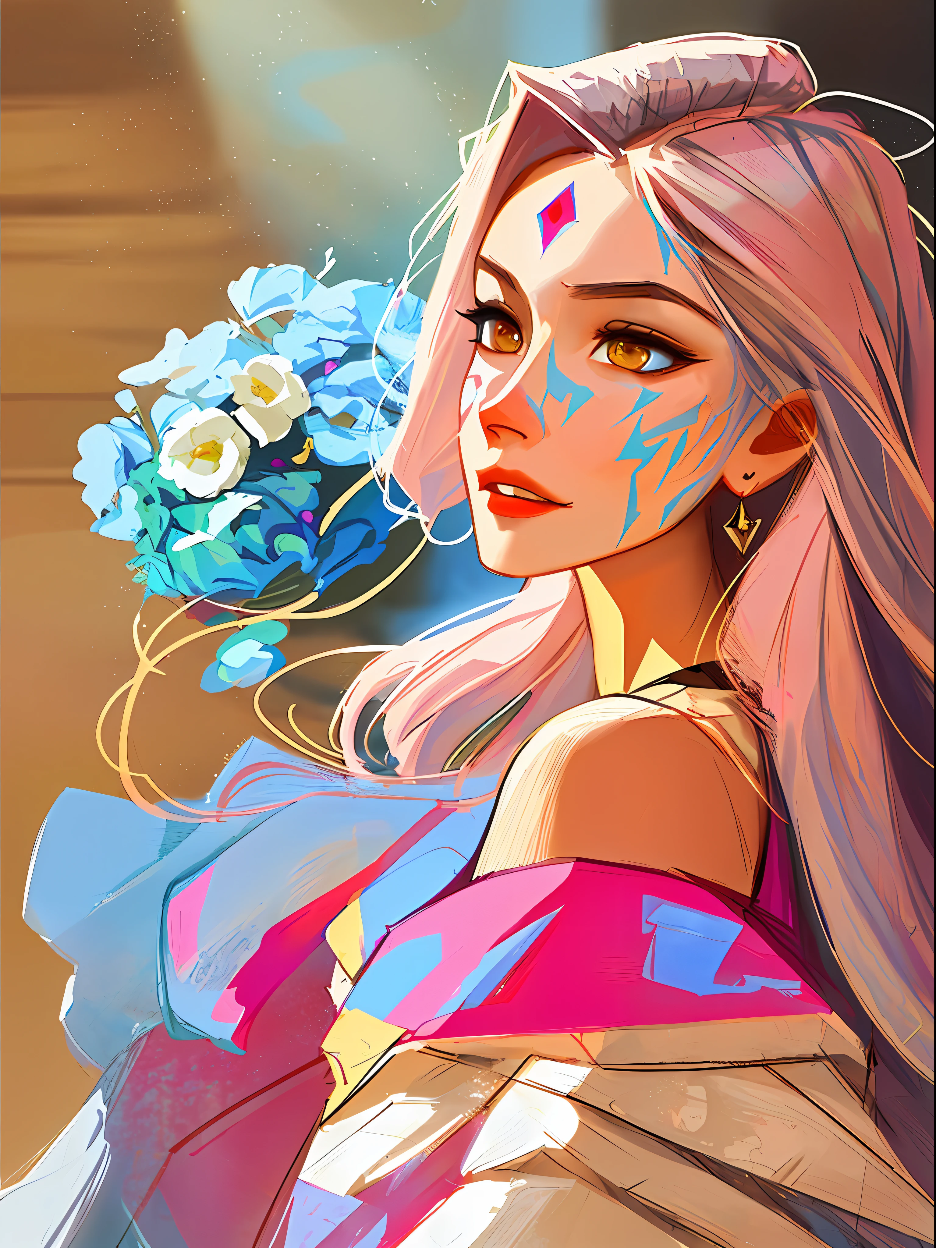 (symmetry:1.1) (portrait of floral:1.05) a woman as a beautiful goddess, (assassins creed style:0.8), pink and gold and opal color scheme, beautiful intricate filegrid facepaint, intricate, elegant, highly detailed, digital painting, artstation, concept art, smooth, sharp focus, illustration, art by greg rutkowski and alphonse mucha, 8k