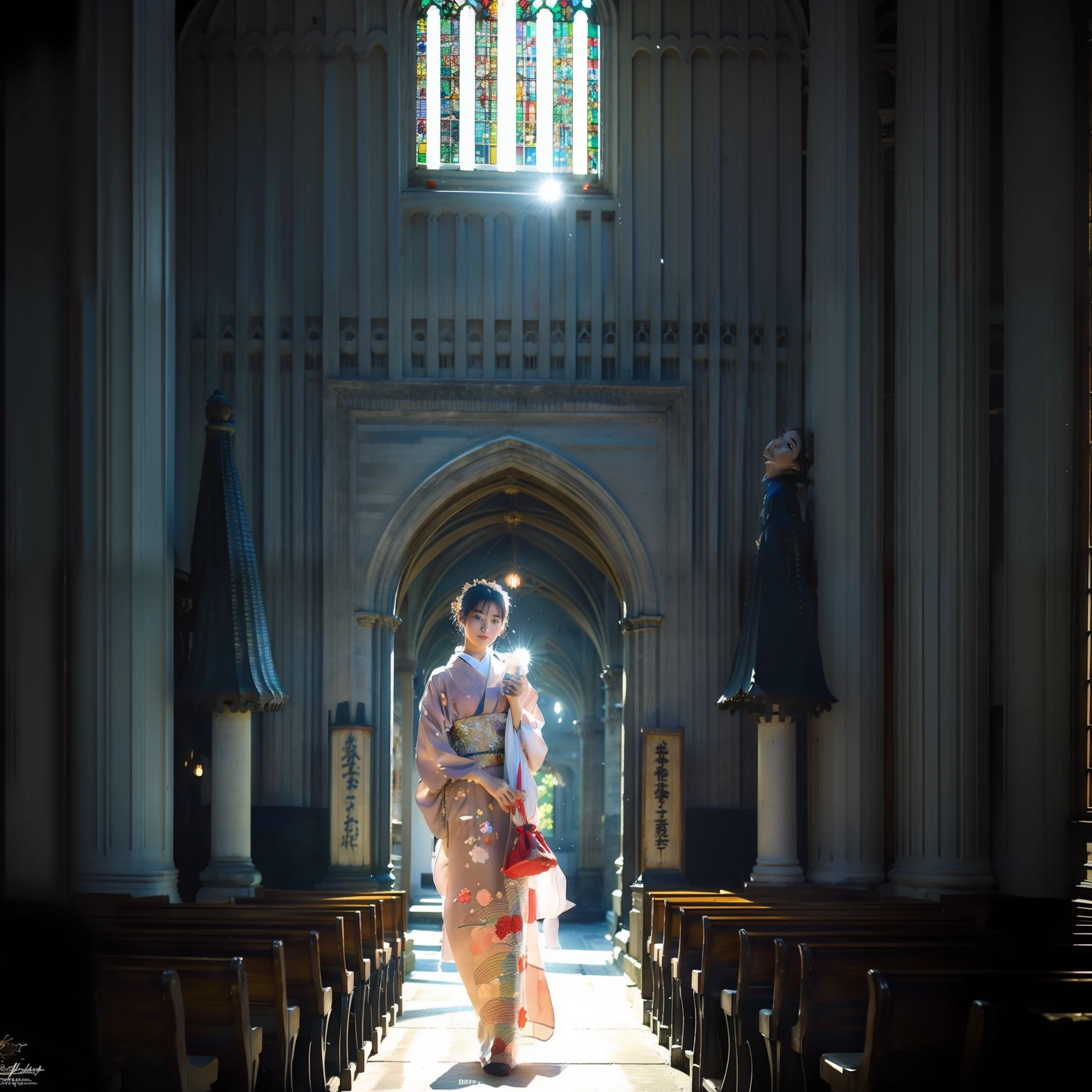 There is only one beautiful teenage slender girl in a traditional kimono of Japan walking inside the dimly lit church of the realistic Notre Dame Cathedral in Paris rendered in great detail. She holds an iPhone in her left hand. The iPhone screen glows in the sunlight, and the floor beneath your feet glitters in the afternoon light from the church's skylight. The kimono shines beautifully in the afternoon light from the church's skylight. Her kimono is traditional yet colorful, with a realistically refined thin fabric that is soft. In her background is the entrance to the church, which gives a little view of the landscape outside Paris. On both sides of the door is a church building shaped like an umbrella. The architecture of the church is Gothic, the traditional decoration of Notre-Dame. Small tits, Best quality, Realistic, Photorealistic, Best quality, Masterpiece, Very delicate and beautiful, Very detailed, Fine detail, Ultra detail, High resolution, Very detailed, Realistic, Ultra high definition, Best quality, Ultra high definition, High quality texture, tranquility and majesty