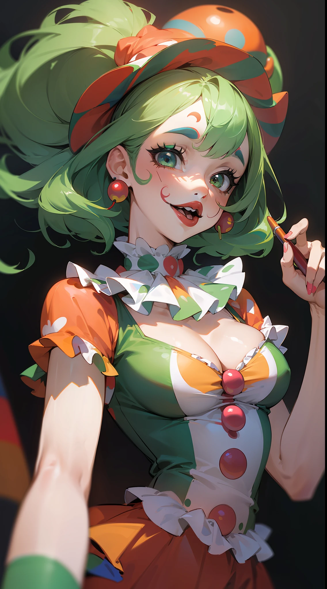 (masterpiece, best quality, ultra-detailed, 8K CG image, clown style),(sexy, floating),(1 girl),green hair, circus costume, clown makeup painted on her face.