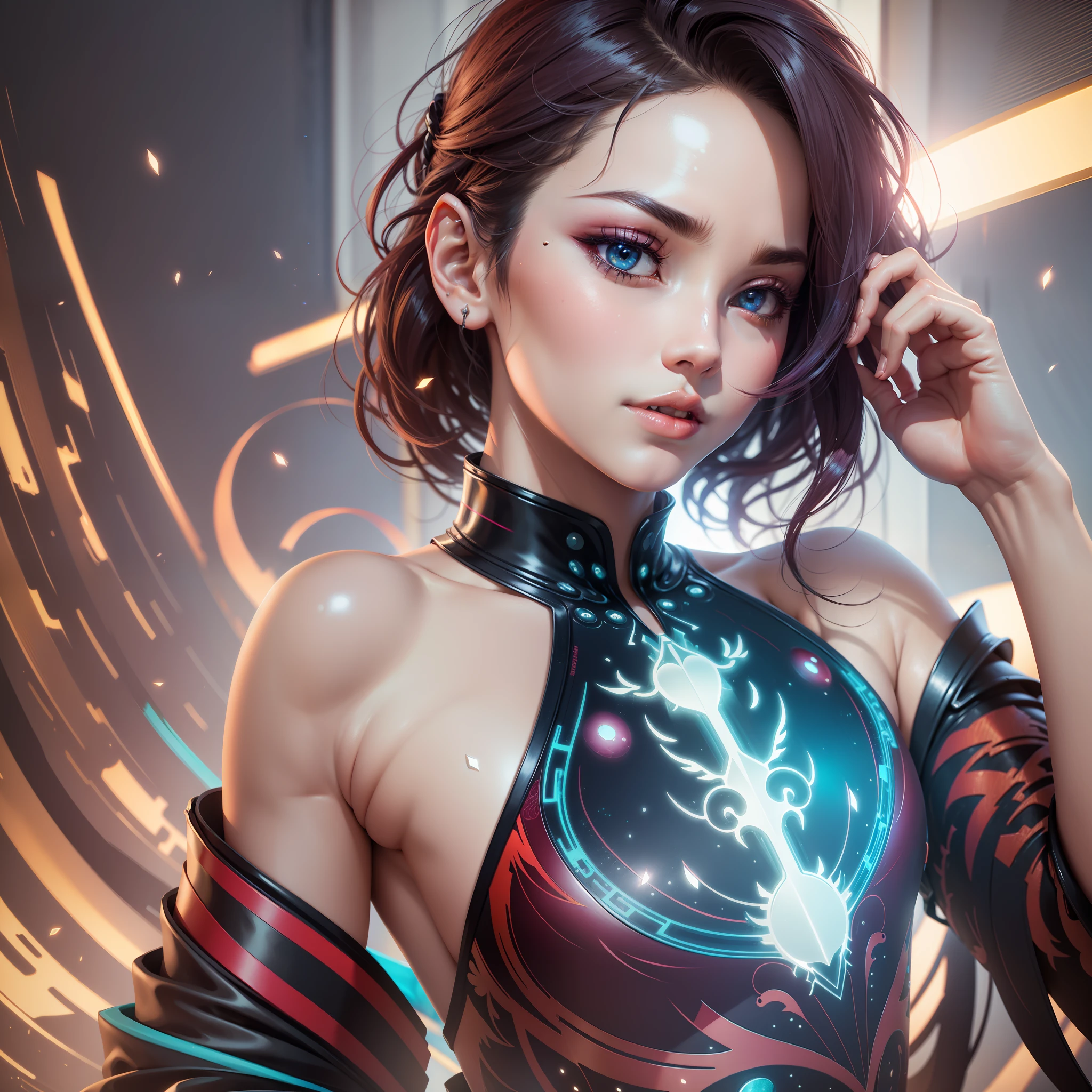 a beautiful woman, beauty and chinese phoenix, water light reflection, pearl illusion, candy color, Cyberpunk, fashion trend, 3s material, close-up lens, high- definition, detail representation, 3D, c4d, 3D, octane rendering, ray tracing, complex details, animated lighting, C4d, OCrenderer, 8k, best quality style expressive