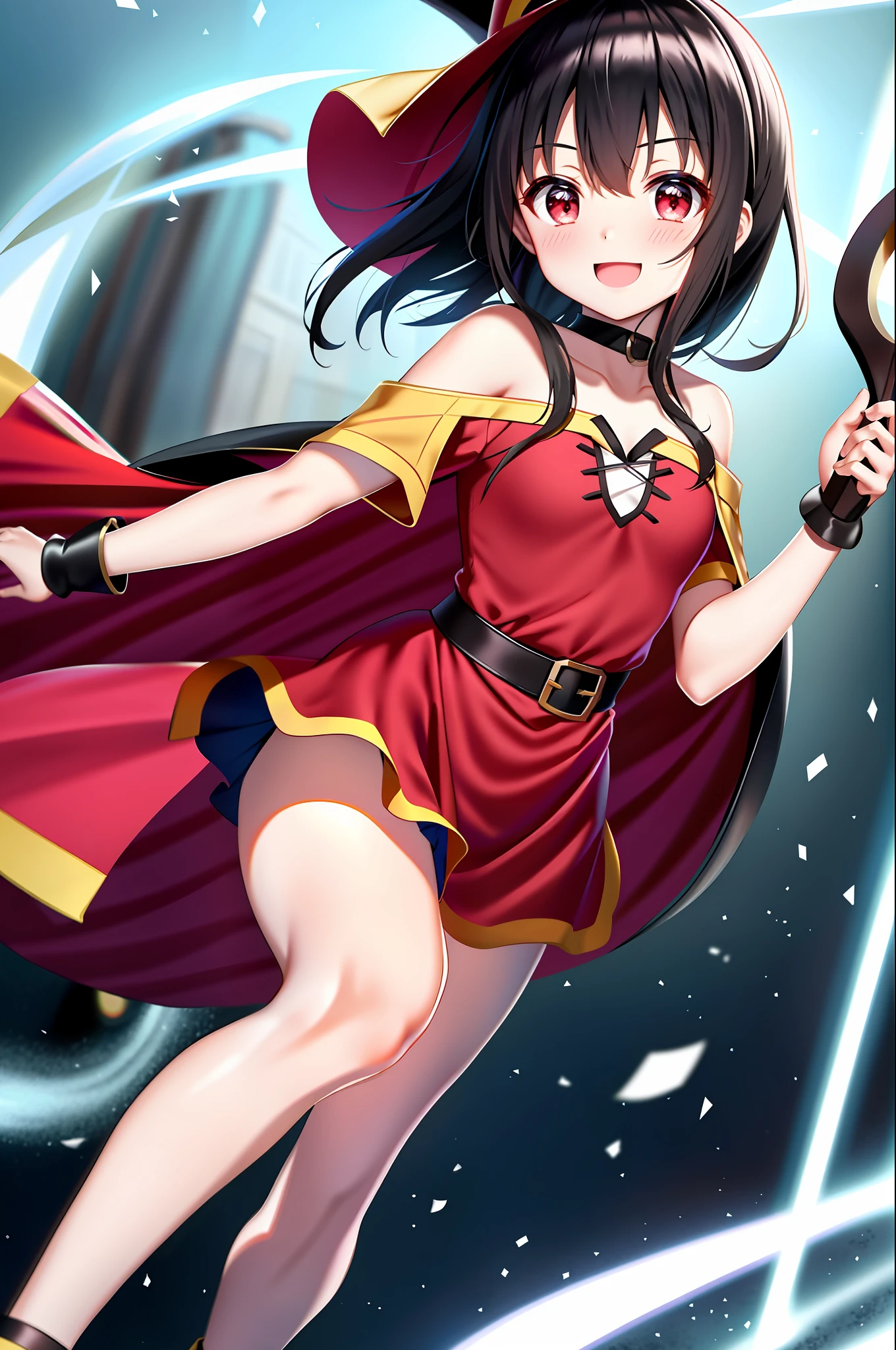 konosuba, megumin, (best quality, extremely best quality, masterpiece: 1.5), ((1girl, solo)), short girl, blush, red eyes, looking at the viewer, red dress, witch's hat, black hair, thighs, bandaged leg, smile, cape, collarbone, open mouth, bare shoulders, shoulder off shoulder, holding staff, off-shoulder dress, small breasts