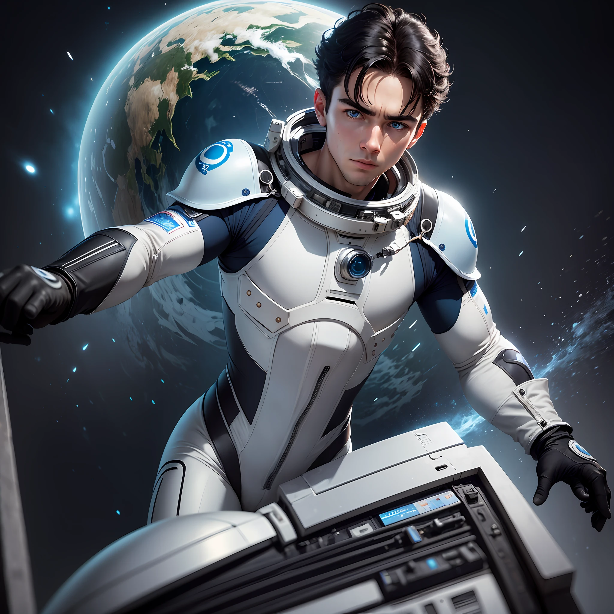 ultra detailed, ultrarealistic, young man wearing astronaut full body suit with no helmet, blue eyes, black short hair, detailed hair, Canon EOS R100, questioning expression, waist-up pose
