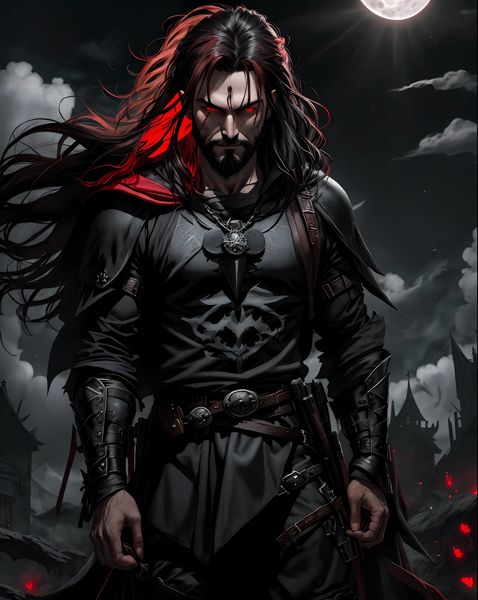 the best photo RAW playing card, rpg, man long hair brown male, dark magic armor, black beard, scary, scary, wide evil smile, nightmare, dark nebulous village, dark dark foreboding sinister night, mist, moon rays, bats, pale skin, black hair, high contrast, backlighting, flower, chromatic aberration, sharp focus, (bright red eyes:1.2), discreet lighting, wind blow, atmospheric fog, look at the viewer, Todd McFarlane