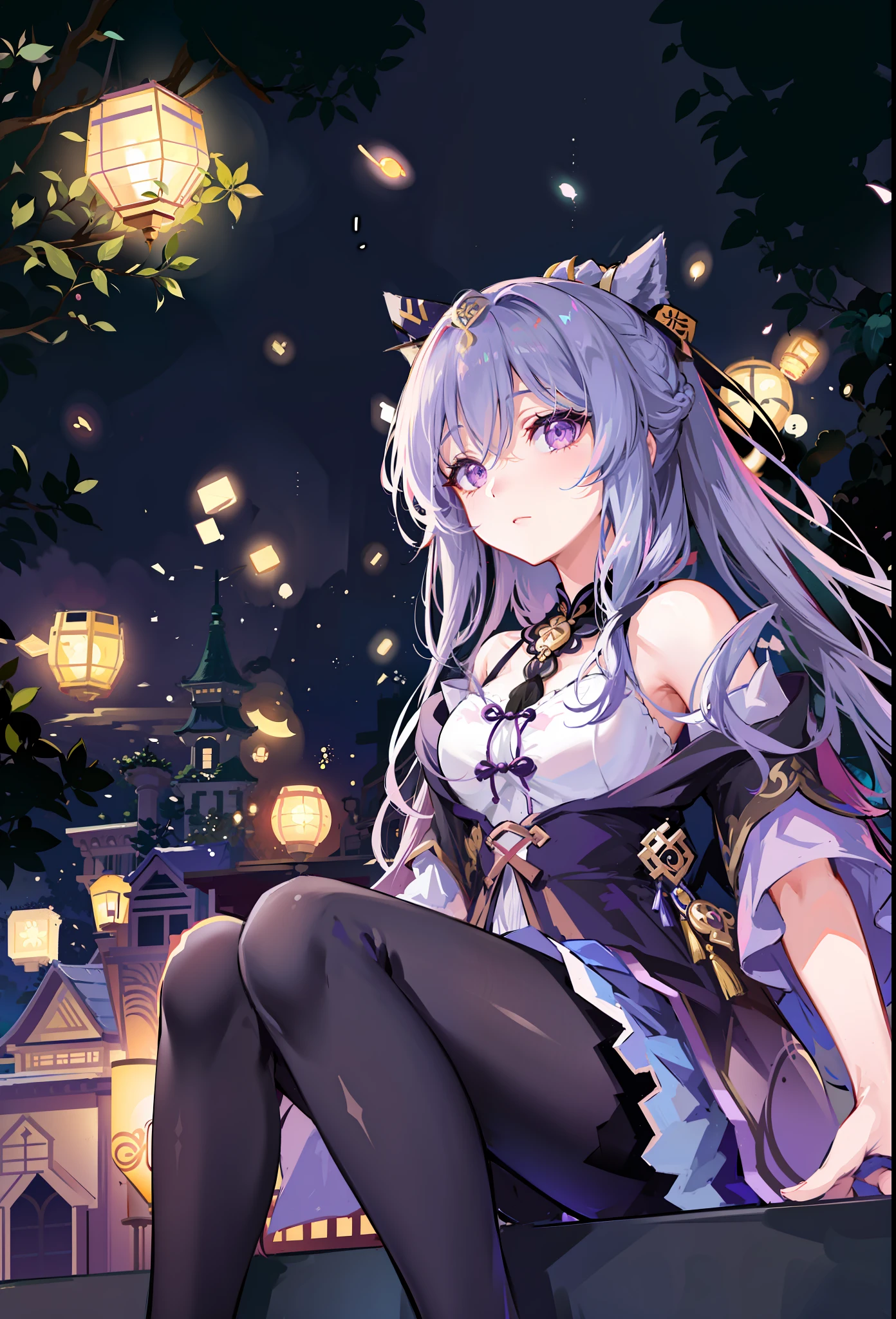 anime girl with long purple hair sitting on a ledge in front of lanterns, ayaka genshin impact, keqing from genshin impact, very beautiful anime cat girl, beautiful anime catgirl, ayaka game genshin impact, anime visual of a cute cat, anime visual of a cute girl, cute anime catgirl, zhongli from genshin impact