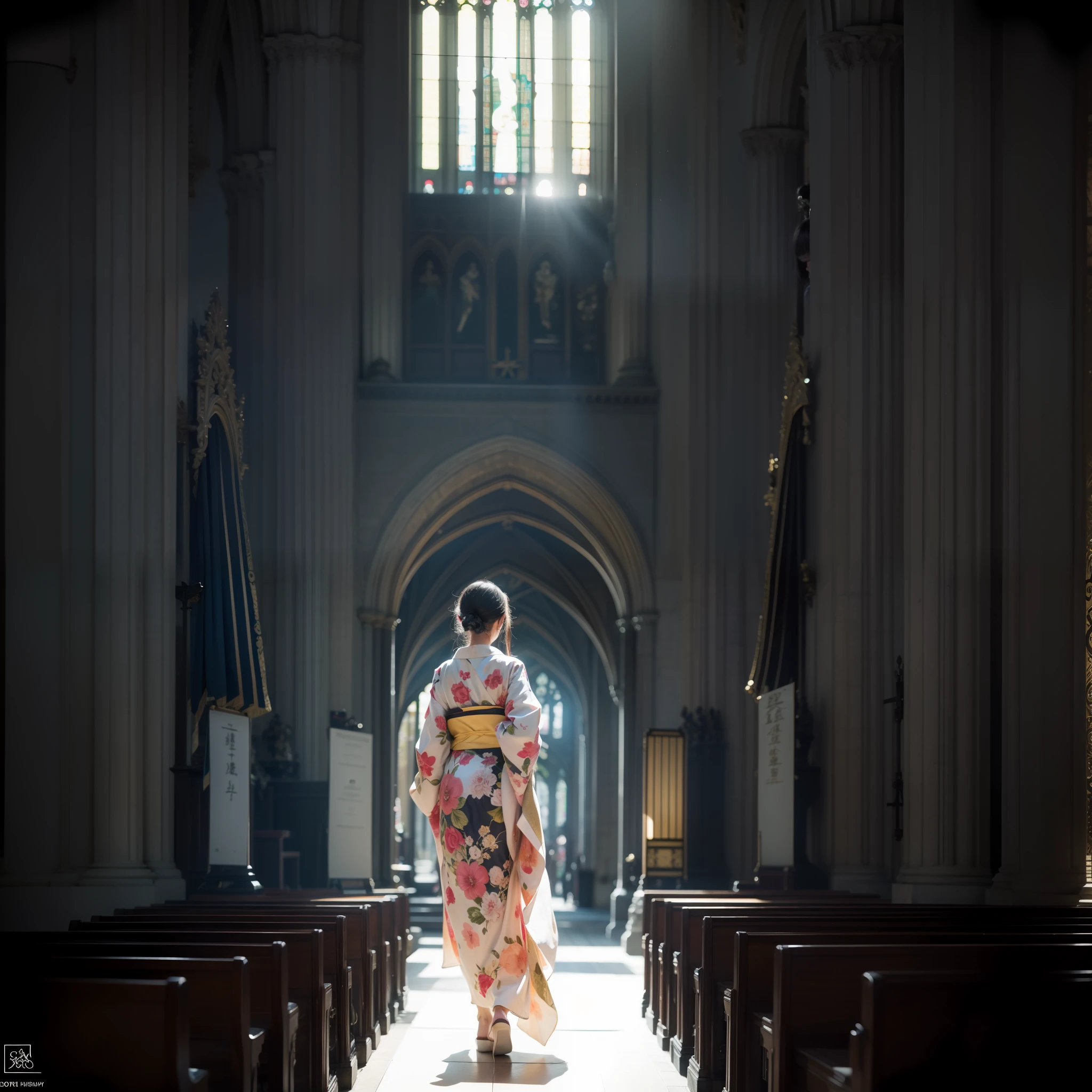 There is a beautiful teenage slender girl in a traditional kimono of Japan walking inside the dimly lit church of Notre Dame Cathedral in Paris rendered in so detail. The floor beneath her feet shines beautifully reflecting the afternoon light. Her kimono shines beautifully in the afternoon light shining through the church's skylight. The kimono is traditional yet colorful, with a refined thin fabric, soft. Small breasts, Best quality, Realistic, Photorealistic, Best quality, Masterpiece, Very delicate and beautiful, Very detailed, Fine detail, Ultra detail, High resolution, Very detailed, Realistic, Ultra high definition, Best quality, Ultra high definition, High quality textures