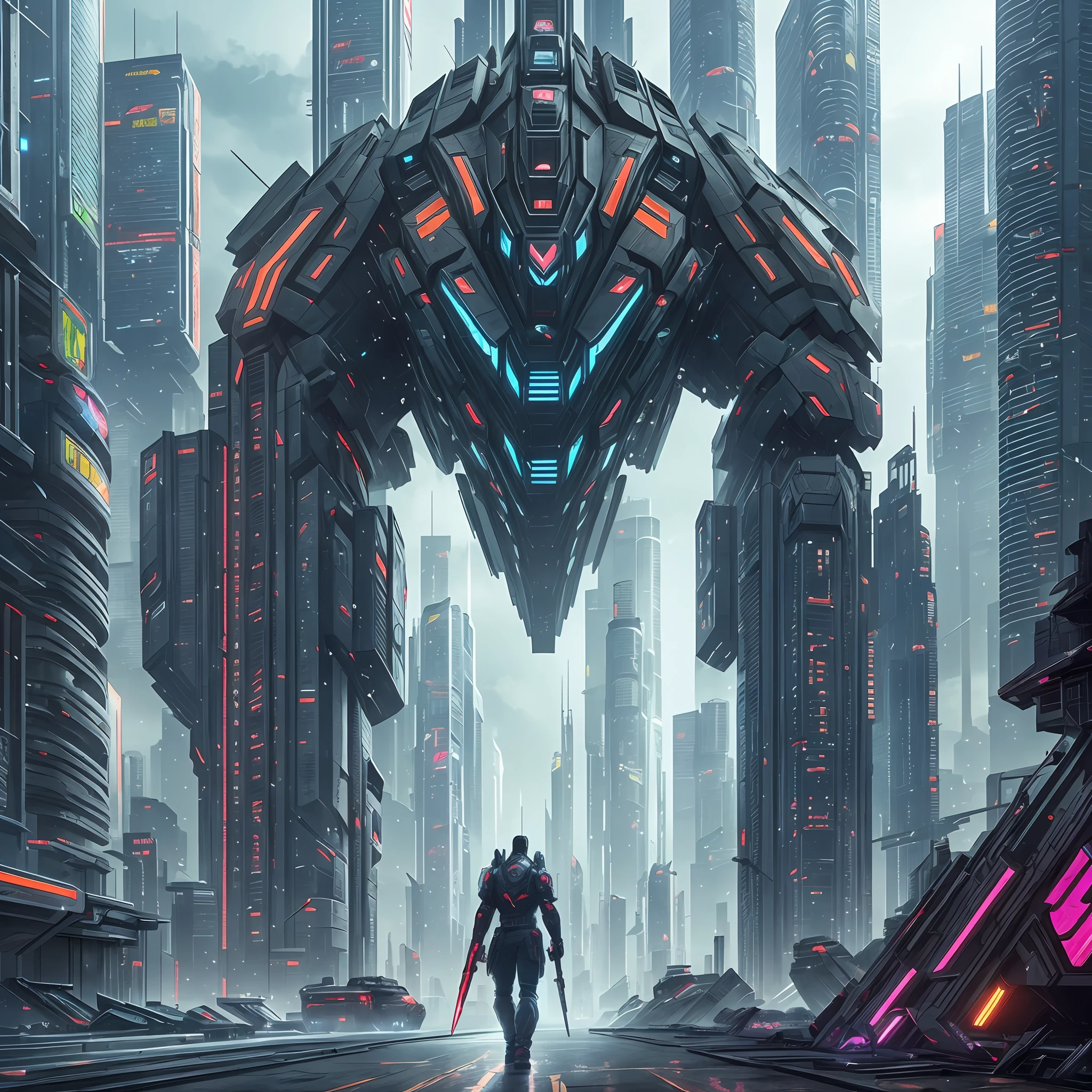 Character, large and strong creature, with lights, with weapons, body made of technological pieces and human structure Cyberpunk style, scenario with buildings of the future well detailed --auto --s2