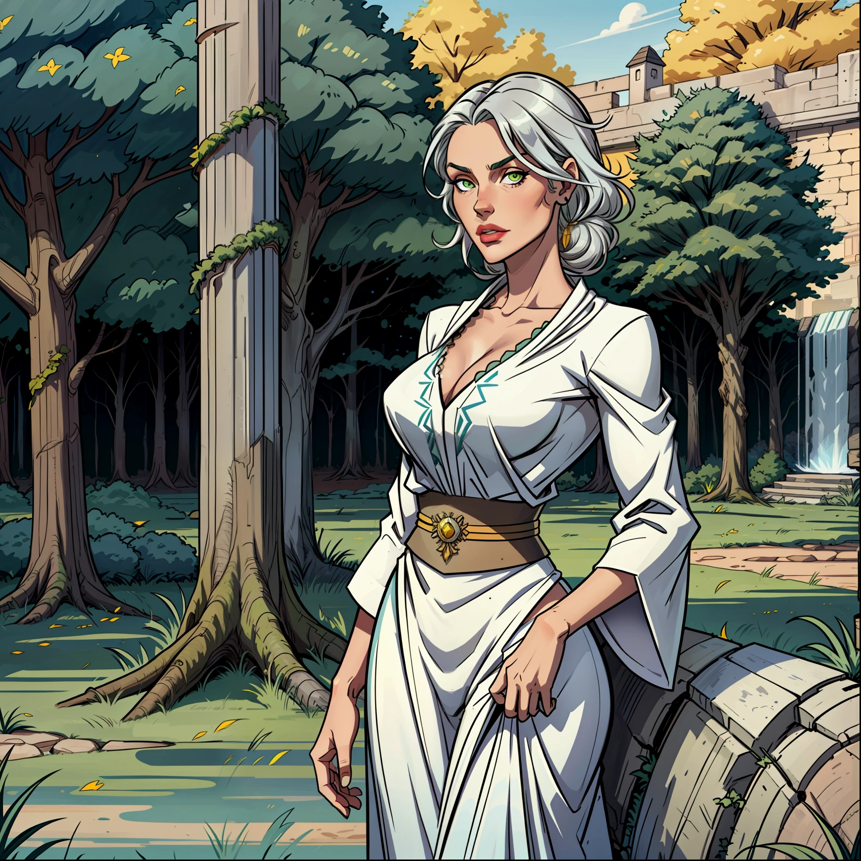 Woman, 20 mm, silver hair, 34 years old, smooth skin, heterochromia, cloth, green eye, caftan, yellow eye, long pants, green grass, blue sky, wall of trees behind, standing,