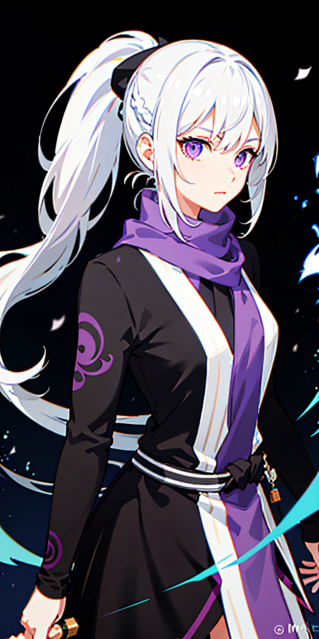 upper body, 1girl, white hair, ponytail, purple eyes, (ninja), short sword, medium breats ,scarf, wallpaper, magic circle background, light particles, blue fire,
