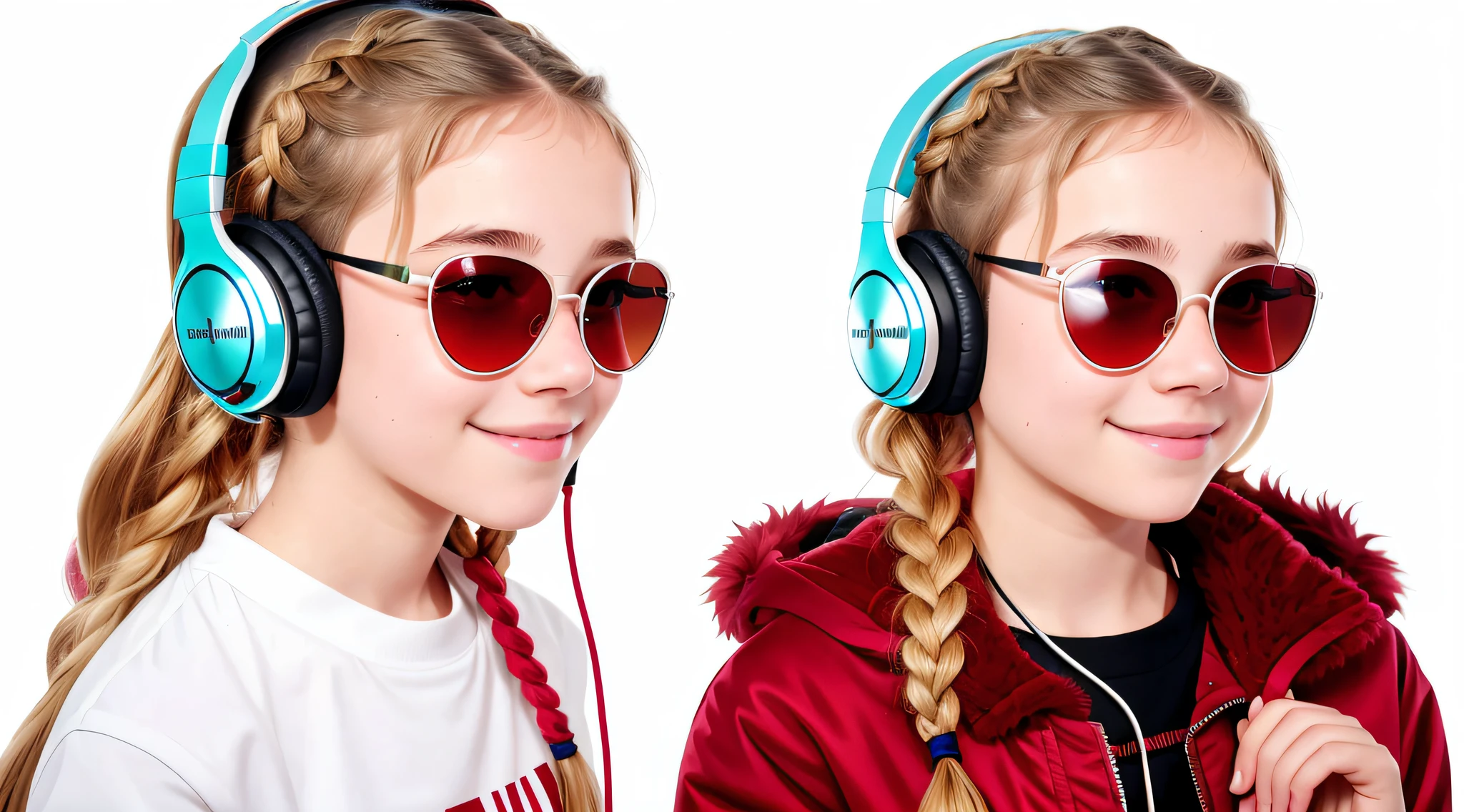 girl 12 years, blonde long hair braids,portrait, with headphones and sunglasses, smiling and holding hands up, ,red fur coat, girl wearing headphones, listening to music, wearing headphones, with headphones, with headphones, wearing a headset, vibrating with music, listening to pious music, Using headphone jack, using headset for gaming, tinnitus, high quality portrait, headphones on, , digital art H 9 6 0, (white background: 1.3).