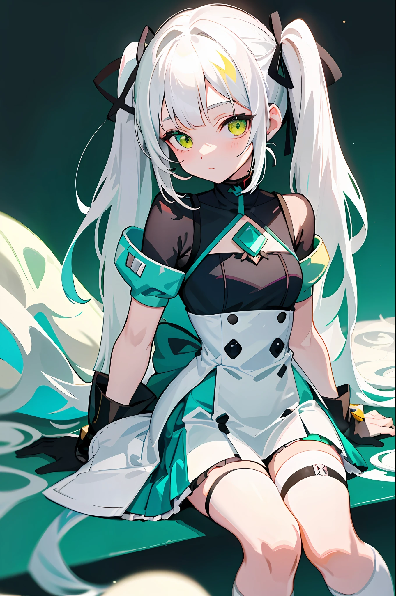 1girl, cheese accessories, heterochromatic eyes, yellow and green eyes, cute outfit, solo, cute, sitting, black stockings, white hair with teal gradient, twin tail, masterpiece, best quality, unique outfit