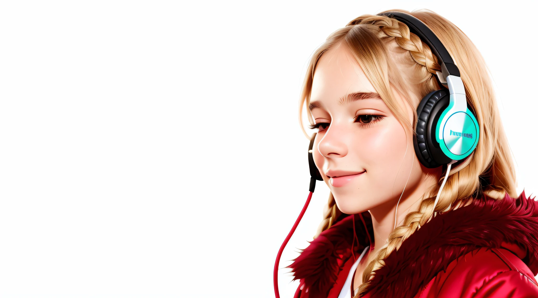 girl 12 years, blonde long hair braids,portrait, with headphones and sunglasses, smiling and holding hands up, ,red fur coat, girl wearing headphones, listening to music, wearing headphones, with headphones, with headphones, wearing a headset, vibrating with music, listening to pious music, Using headphone jack, using headset for gaming, tinnitus, high quality portrait, headphones on, , digital art H 9 6 0, (white background: 1.3).
