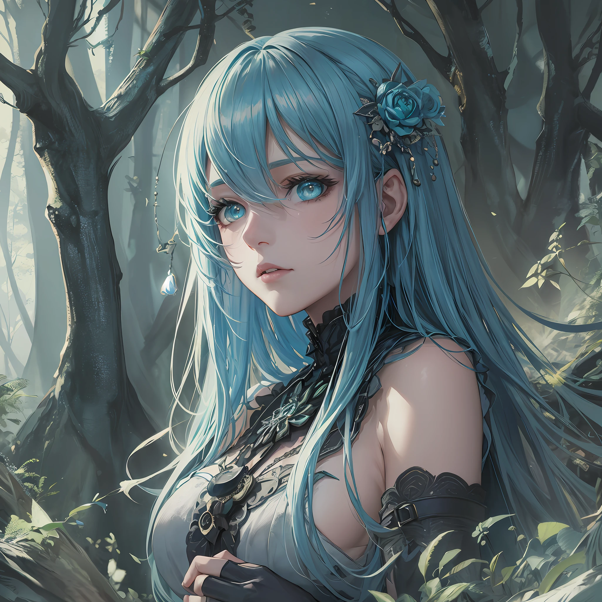 Artwork, highest quality, best illustrative artist, Wlop designer, Wlop cinematic lighting, Wlop texture, Wlop's best illustration, a beautiful girl, long shimmering blue hair, light green eyes, fair skin, in a gothic-style forest, under a soft cinematic horror film lighting, wearing a slightly dirty white dress, gloves on her hands, in a eerie, ugly, dark environment, like in a suspense movie. --s2
