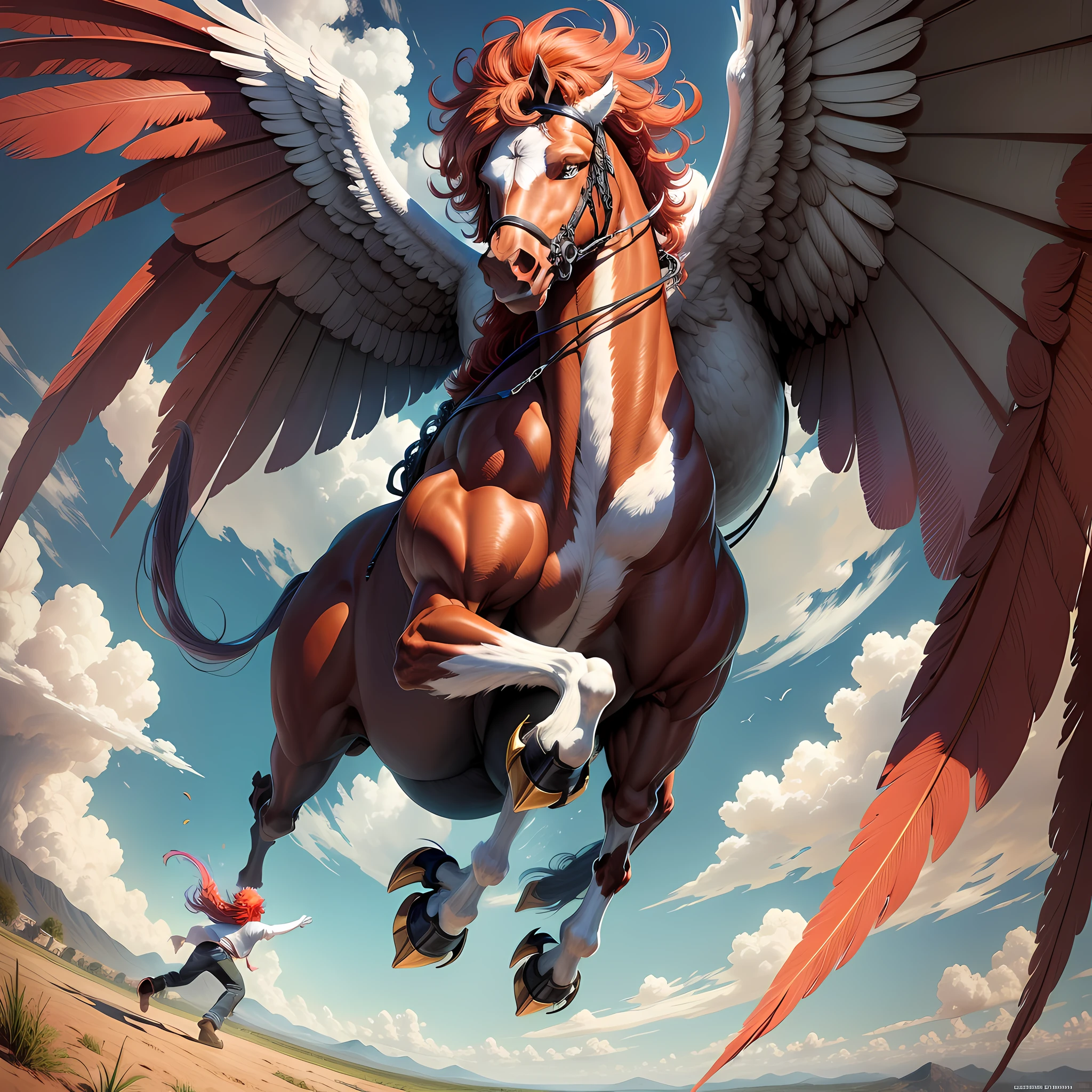 Giant and muscular pegasus, wide eyes big and red, wings sparkling, he is colorful and scary, scary, mane goes to the ground, is in the middle of a tomato plantation, sunny day, windy. (there's a -yeld reaired boy with a hidden face, short hair, he's scared); (Pegasus is blowing a colorful wind on the boy.) ultra-detailed, best quality CG unity 8k wallpaper,high contrast."