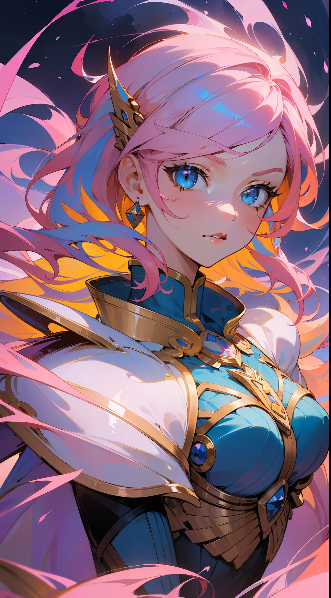 "((masterpiece)), high quality, exquisite and beautiful illustration, dynamic and sexy, serious girl in ice cream armor, with extremely detailed cookie hair, beautiful facial details, ((blue eyes)) and ((pink hair: 1.3+yellow hair)) , magical atmosphere, night sky background, magic light source, dynamic perspective"