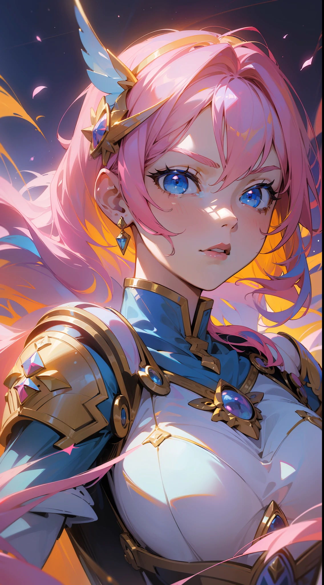 "((masterpiece)), high quality, exquisite and beautiful illustration, dynamic and sexy, serious girl in ice cream armor, with extremely detailed cookie hair, beautiful facial details, ((blue eyes)) and ((pink hair: 1.3+yellow hair)) , magical atmosphere, night sky background, magic light source, dynamic perspective"