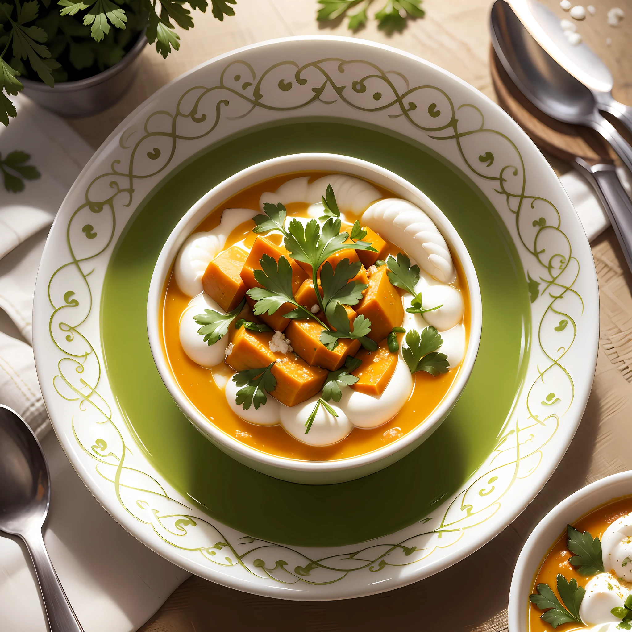 Photo of a pumpkin soup with cottage cream and parsley --auto --s2