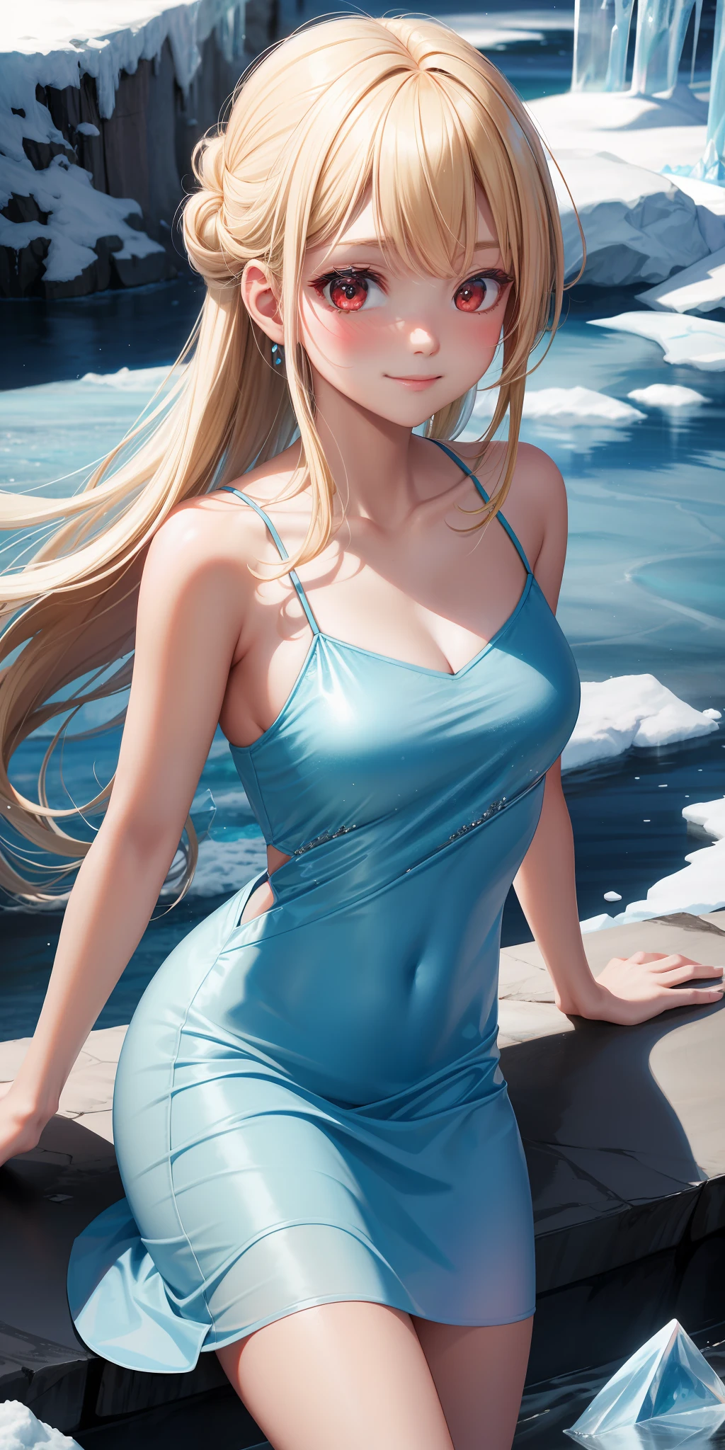 girl one, blonde, red eyes, light blue dress, sexy, beauty, blush, little smile, glacier, icicle, ice world