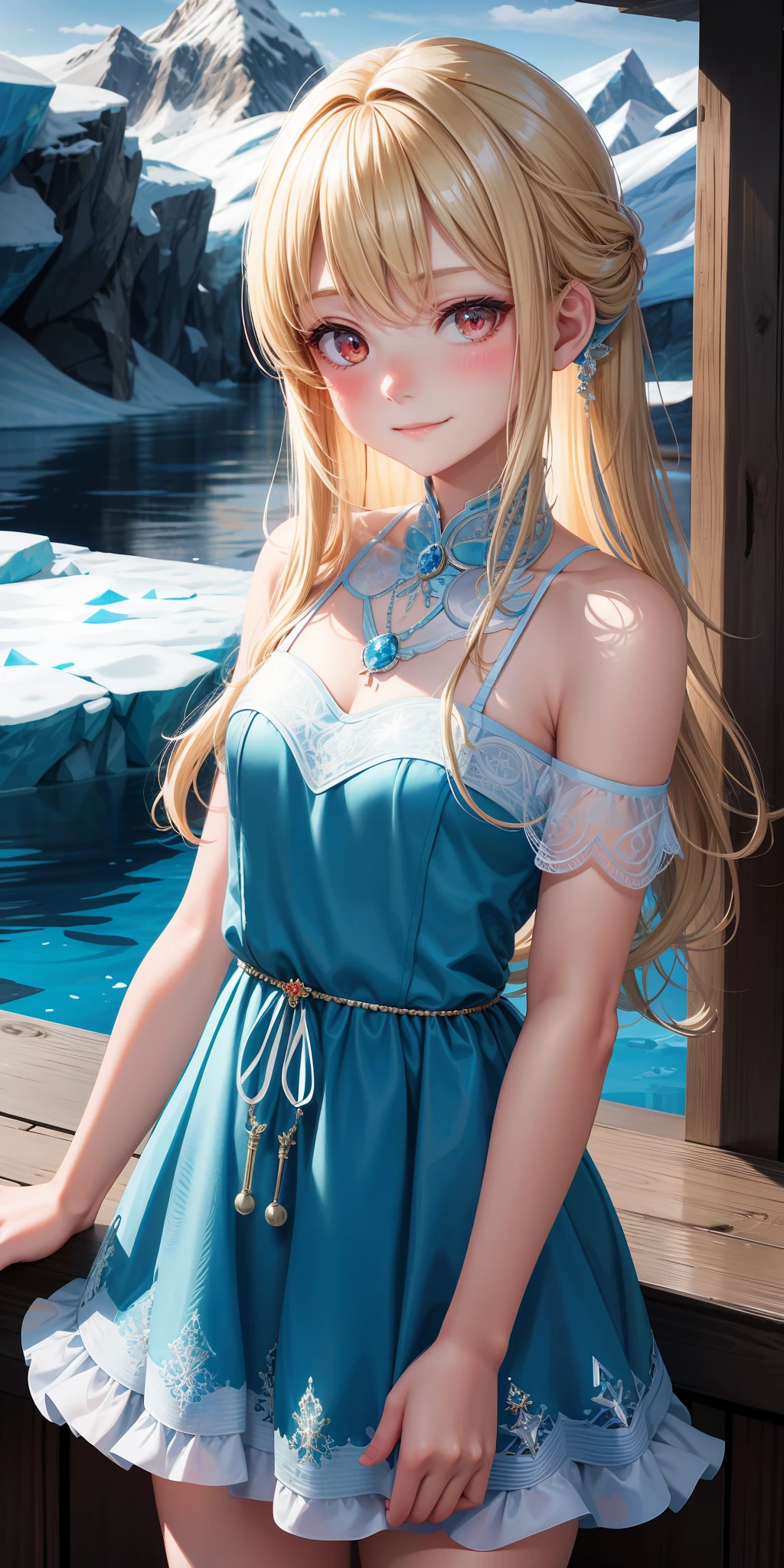girl one, blonde, red eyes, light blue dress, sexy, beauty, blush, little smile, glacier, icicle, ice world