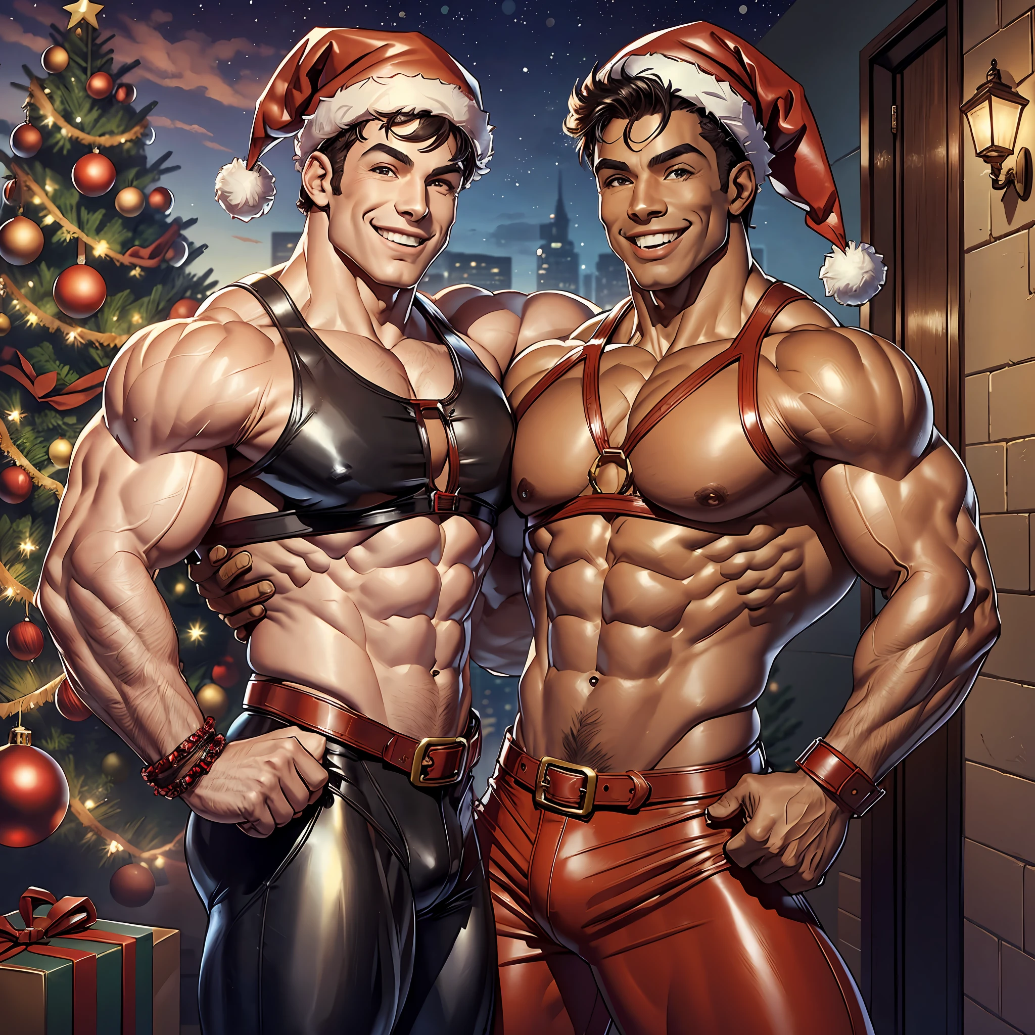 Two men, smiling, jovial looking, 25 years flexing their hard muscles, as muscular bodybuilder with 8 sit-ups and big biceps and large pectoral muscles, shirtless, red leather pants, and wearing a black leather Harness with Christmas hats