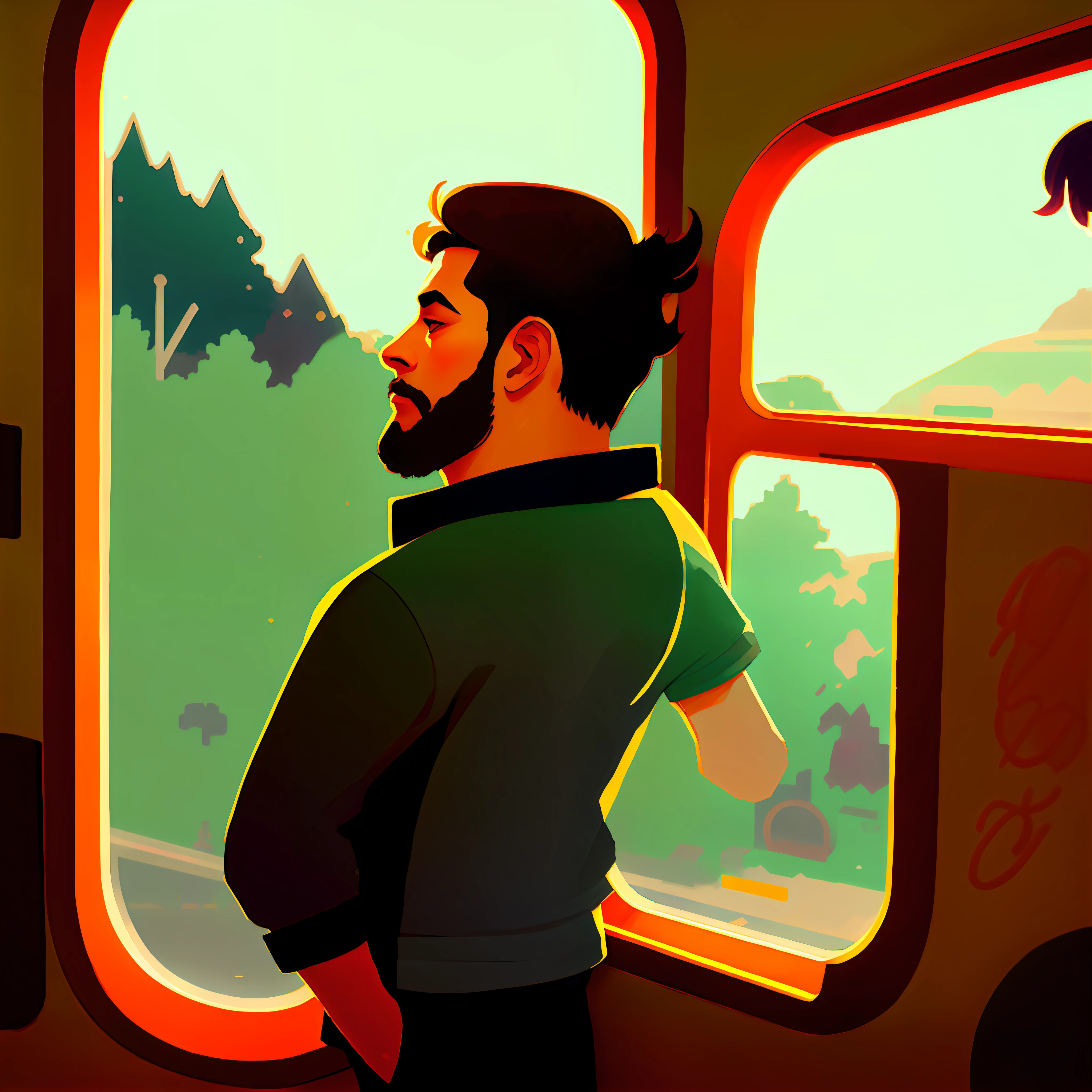 wtrcolor style, Digital art of (a man in a train looking out window.)