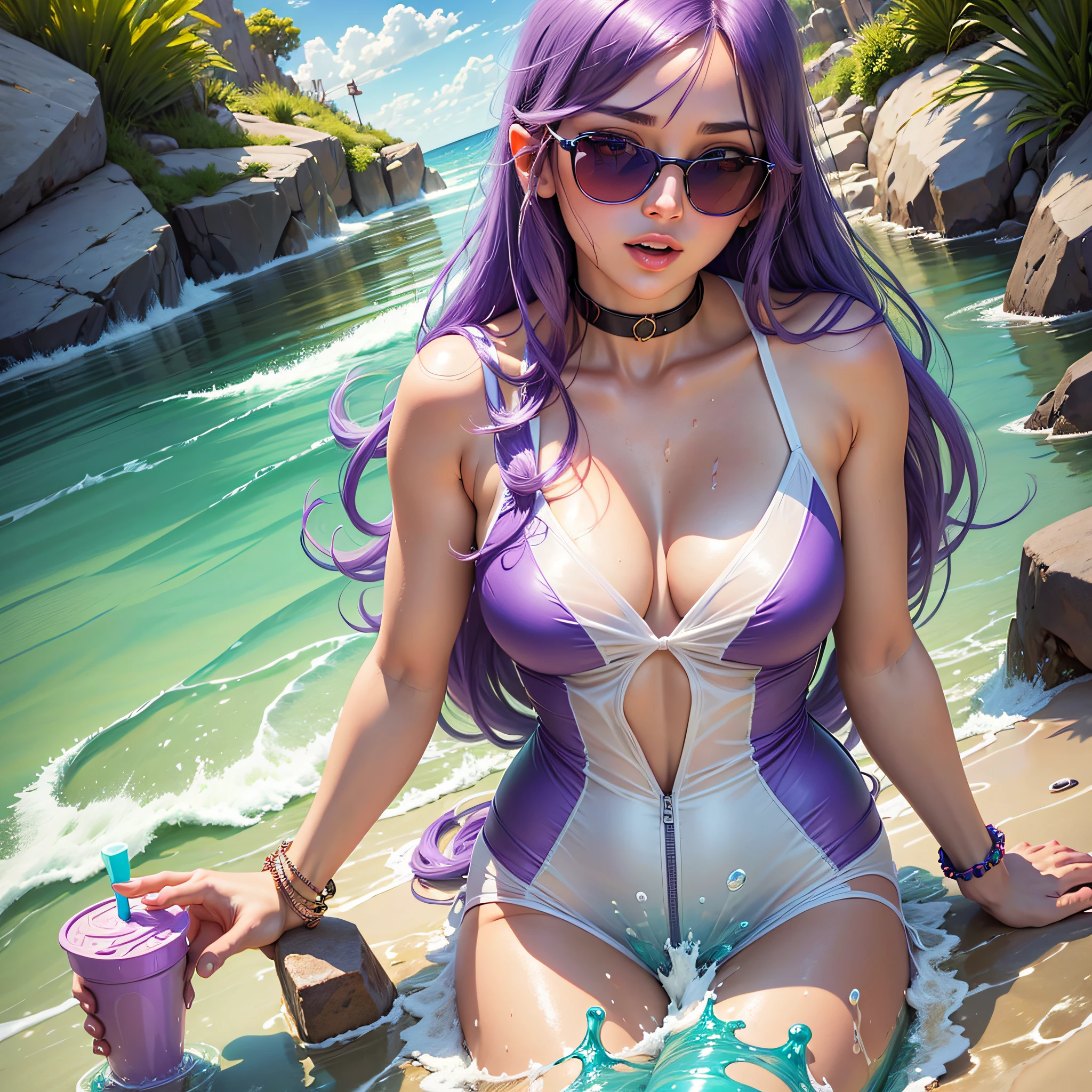 A young woman with long purple hair, detailed bright violet eyes, winking. wears a white swimsuit and sunglasses, holds a popsicle. in a casual scene, water and sand around her. looking with coolness and fun. detailed reflections, shiny, masterpiece, detailed textures and pixels, ultra detailed skin textures. 8k resolution, by Madhouse studio. “Yuki’s Summer Day”. trending on reddit. perfect high-quality anime illustration. --auto --s2