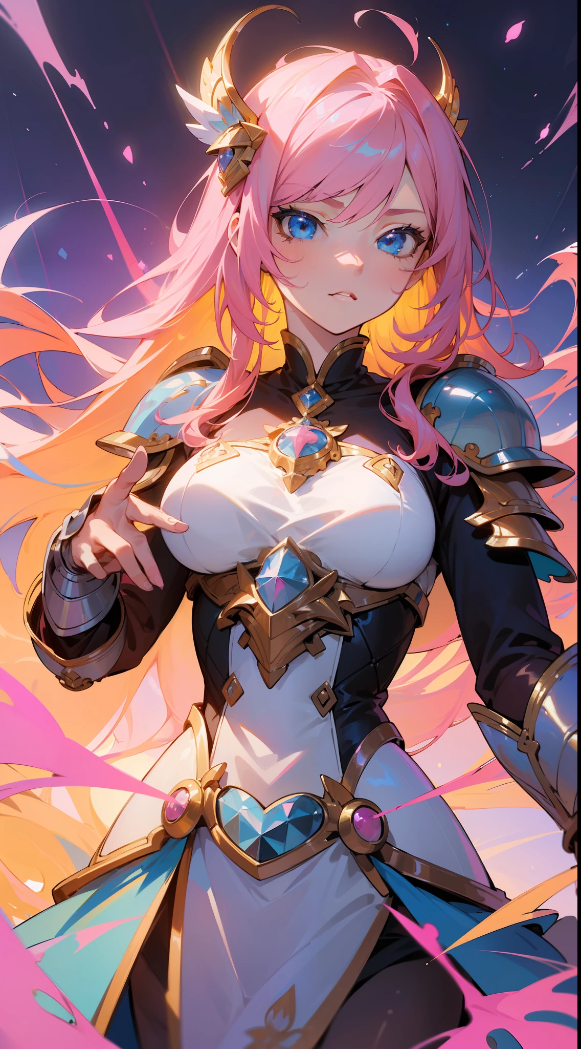 "((masterpiece)), high quality, exquisite and beautiful illustration, dynamic and sexy, serious girl in ice cream armor, with extremely detailed cookie hair, beautiful facial details, ((blue eyes)) and ((pink hair: 1.3+yellow hair)) , magical atmosphere, night sky background, magic light source, dynamic perspective"