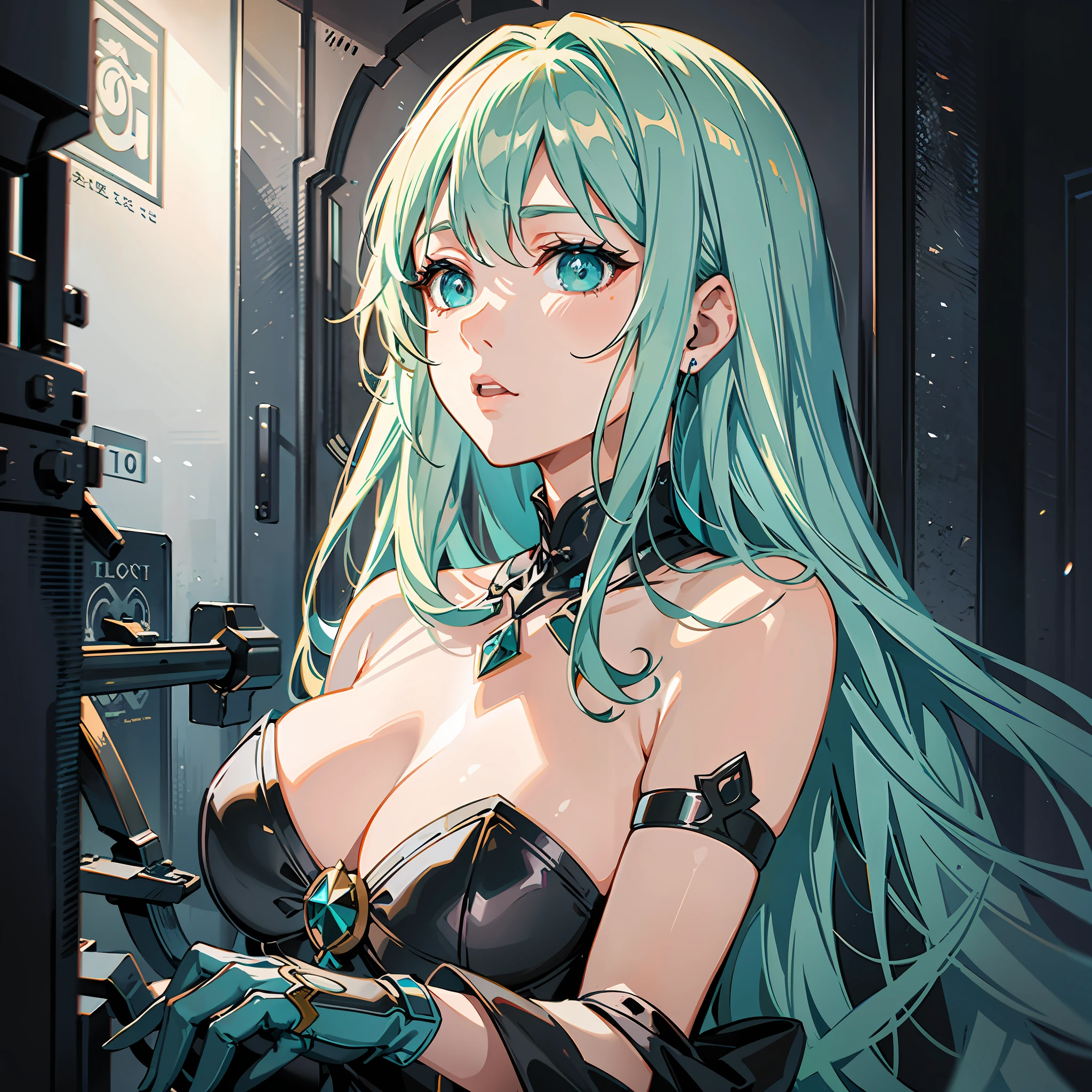 Artwork, highest quality, best illustrative artist, Wlop designer, Wlop cinematic lighting, Wlop texture, Wlop's best illustration, a beautiful girl, long shimmering blue hair, light green eyes, fair skin, in a gothic-style forest, under a soft cinematic horror film lighting, wearing a slightly dirty white dress, gloves on her hands, in a eerie, ugly, dark environment, like in a suspense movie. --s2